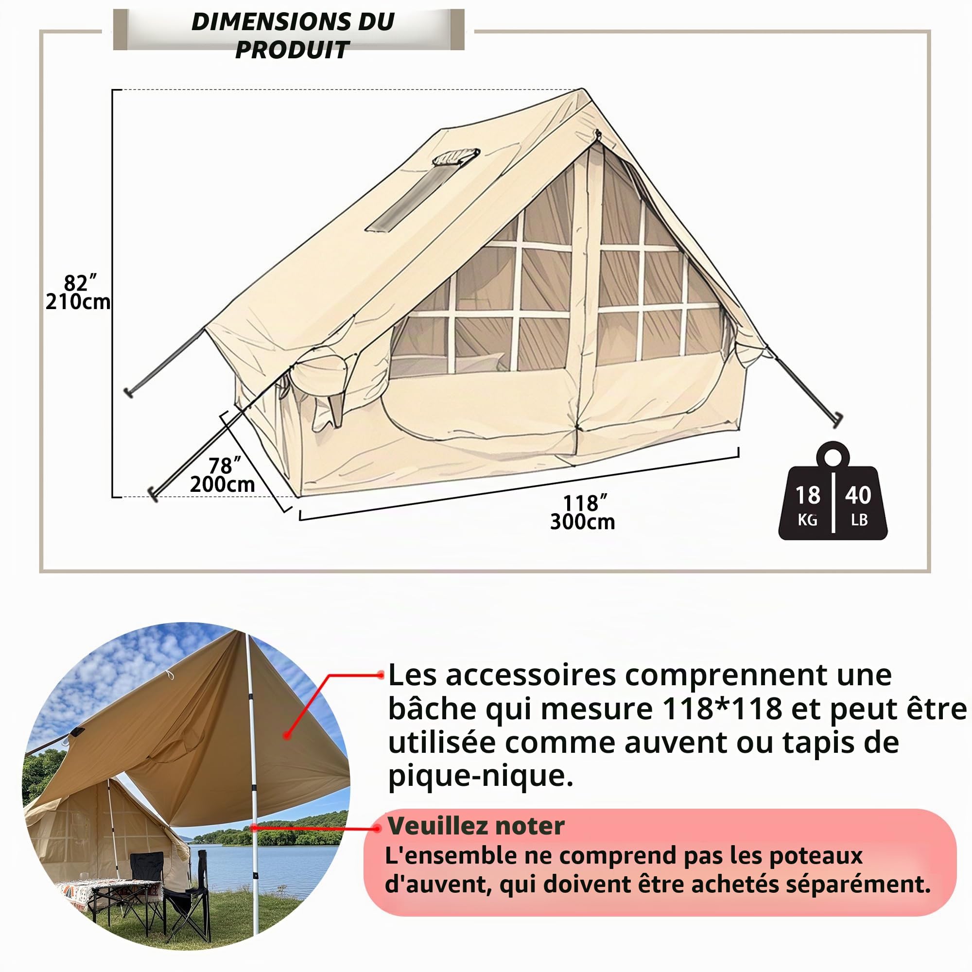 Tente gonflable pour 4 personnes, en tissu Oxford 600D, avec mouche de pluie et pompe à air, installation facile