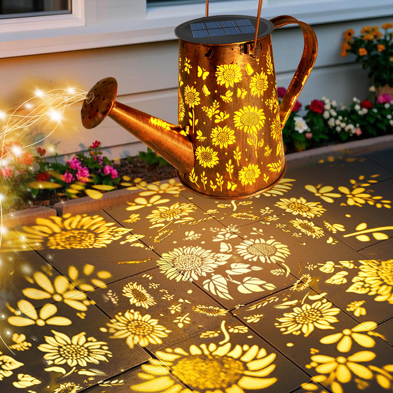 VOOKRY Luci solari per esterni, grande annaffiatoio solare in metallo da appendere, impermeabile, girasole, decorazione da giardino, luci esterne per portico, prato, patio, regali per mamma, nonna