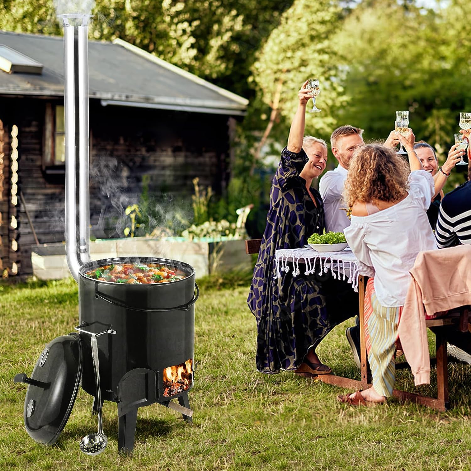 TLSUNNY Gulaschkanone 17L+8L Emailliert Eintopfofen mit 85cm Kamin Thermometer für Outdoor
