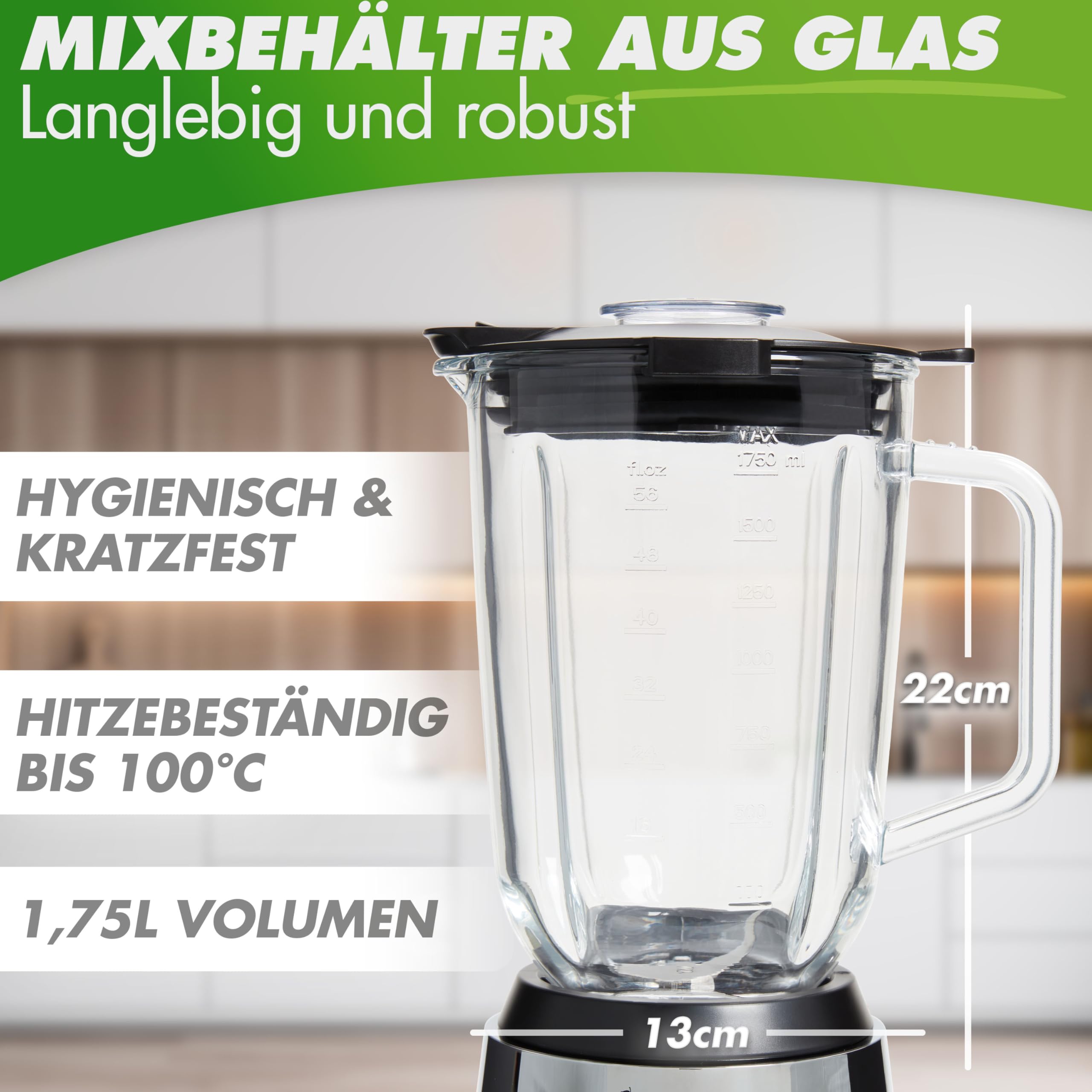 NUTRI-BLENDER GLAS mikser stojący o wysokiej wydajności, 1300 W, mikser do smoothie, profesjonalny blender, szklany pojemnik 1,75 l, obudowa ze stali nierdzewnej, 4 ostrza, nie zawiera BPA, cichy