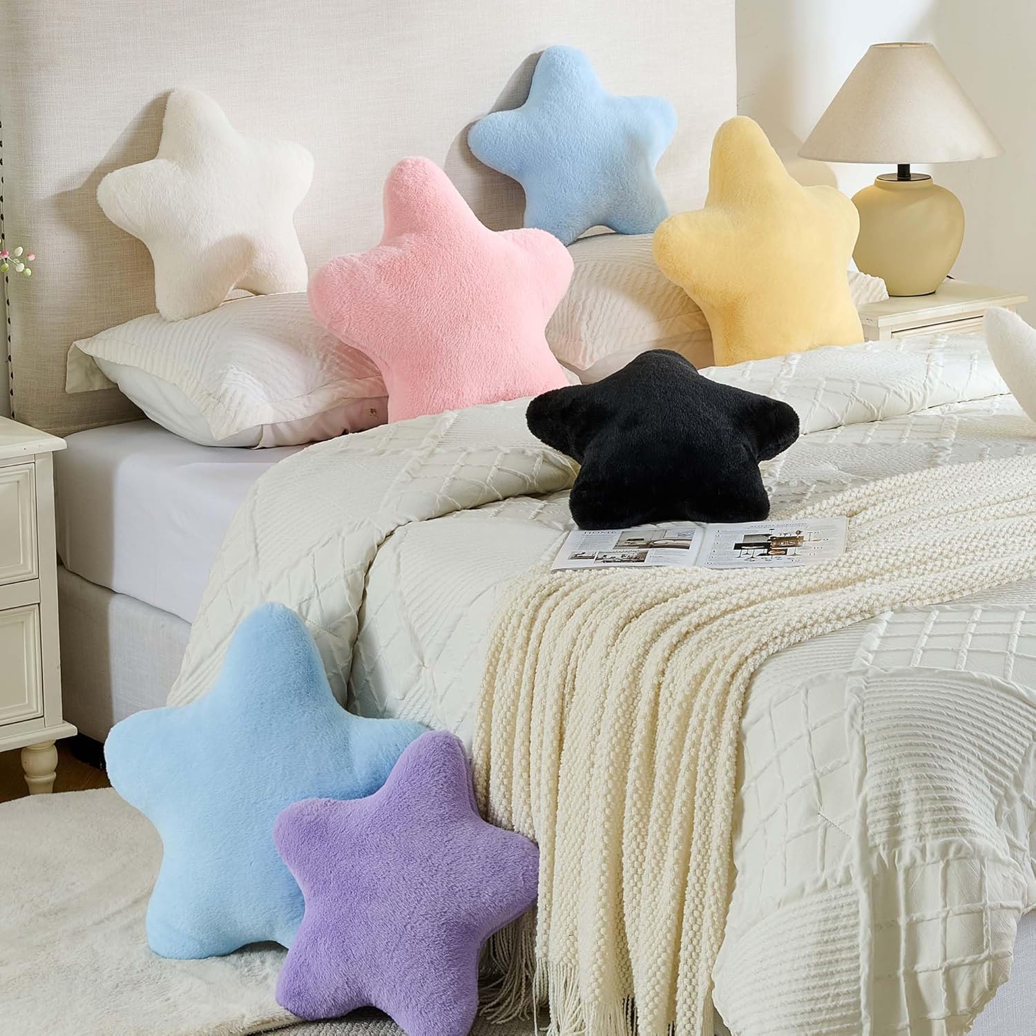 CANGHI 2PCS Star Moon Pillow Yellow Star Shaped Decorative Throw Pillows White Moon Shaped Pillow Aesthetic Plush Floor Seating Cushions with Soft Faux Rabbit Fur for Sofa Bedroom Living Room