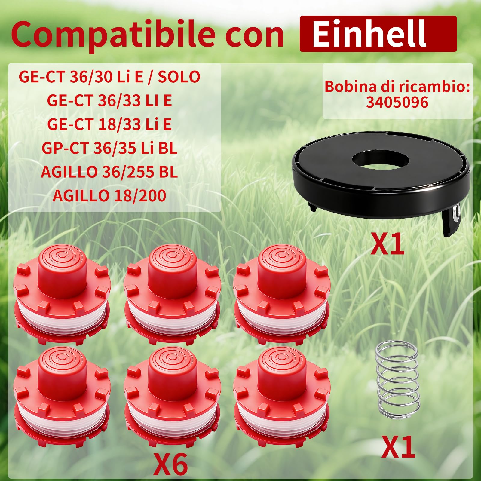 6 bobine di filo di ricambio compatibili con Einhell GE-CT 36/30 Li E, GE-CT 36/33 LI E, AGILLO 36/255 BL, AGILLO 18/200, GP-CT 36/35 Li BL per bobina di filo di ricambio Einhell