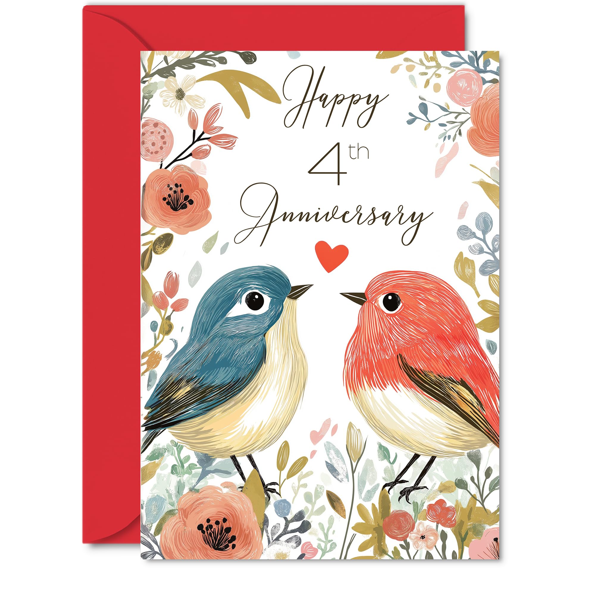 4th Anniversary Card for Women Men - Love Birds - Happy Wedding Anniversary Cards for Wife Husband Girlfriend Boyfriend, 5x7 Inch Floral Bird Greeting Cards