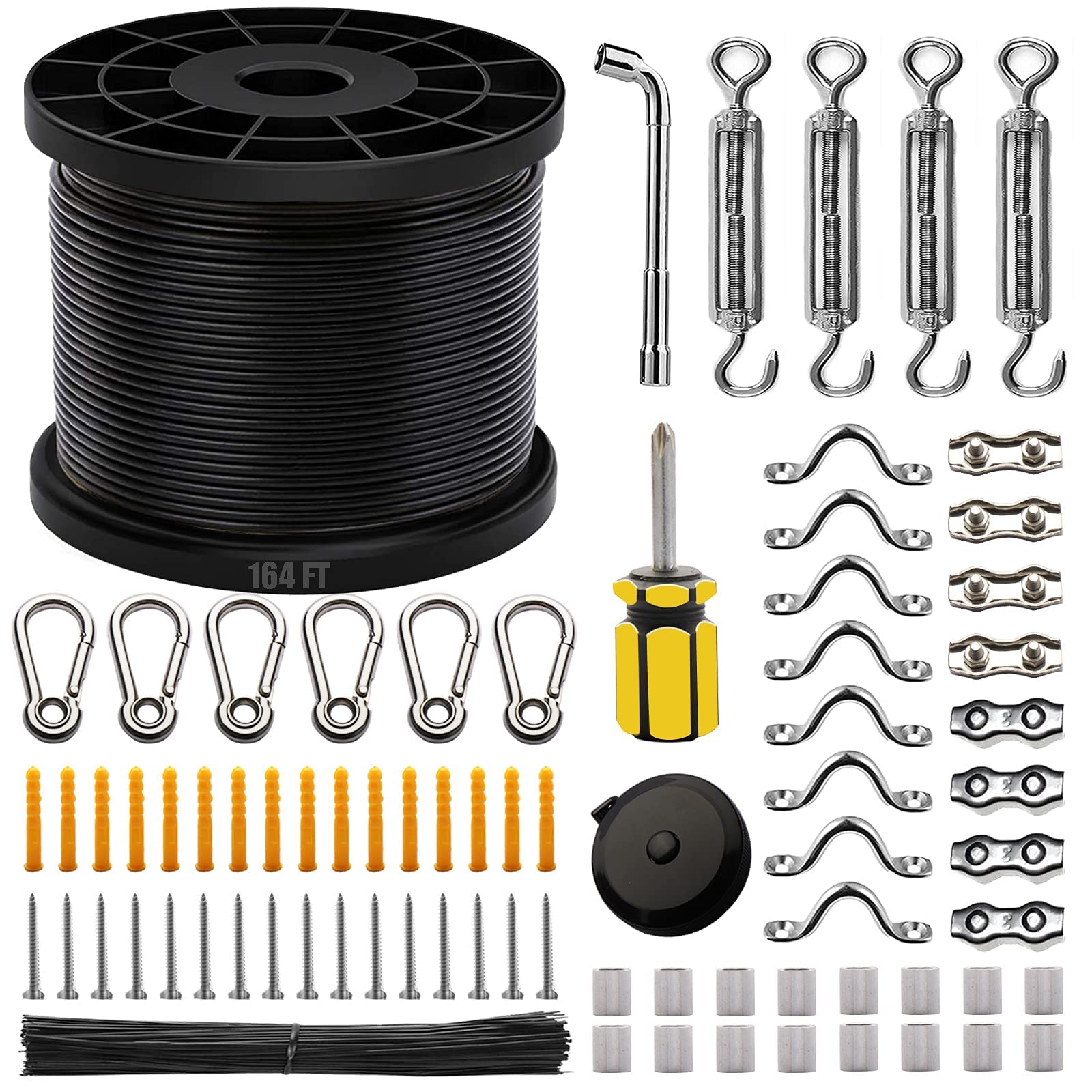 SYOSI String Light Hanging Kit with 164 Ft Nylon Coated 304 Stainless Steel Wire Rope, String Light Suspension Kit, Guide Wire with Turnbuckles and Hooks for Patio, Backyard Lighting Accessories