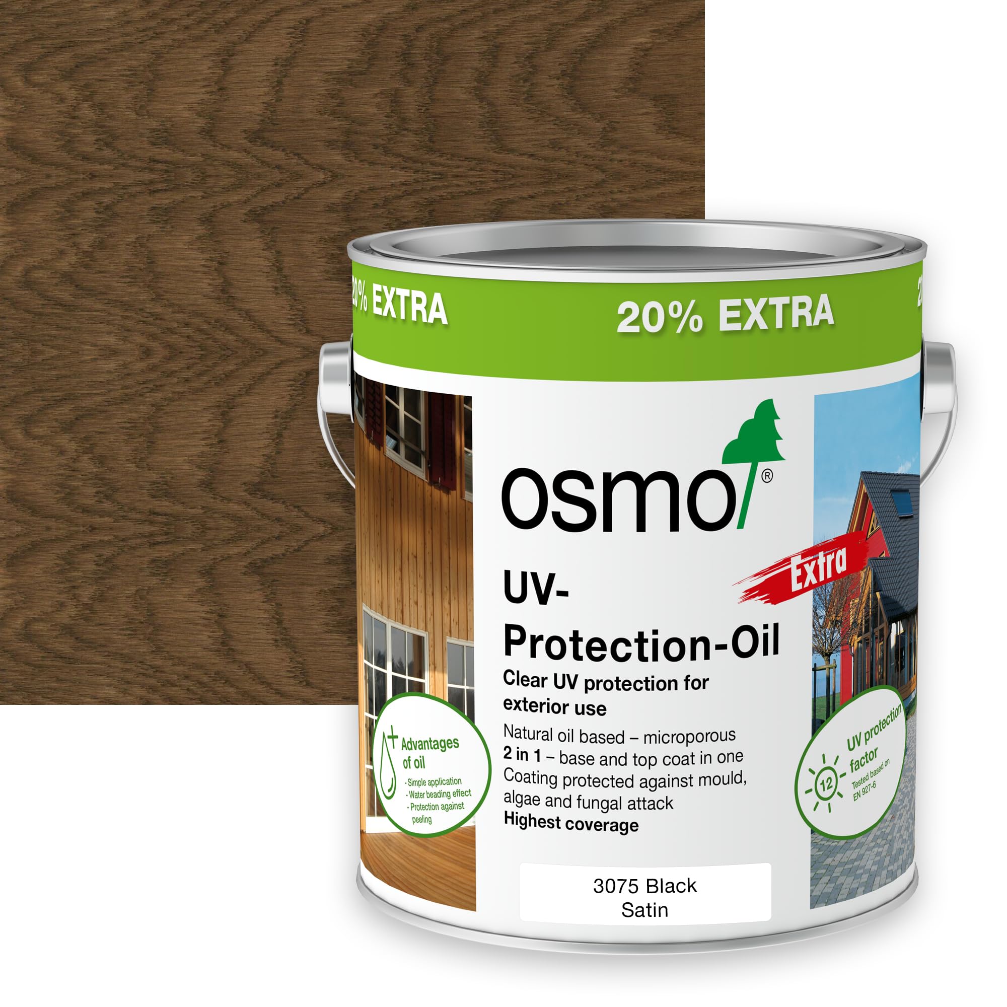 Osmo 3075 Black Uv Protection Oil Extra, Exterior Wood Finish, Tinted, 3L (Satin, )