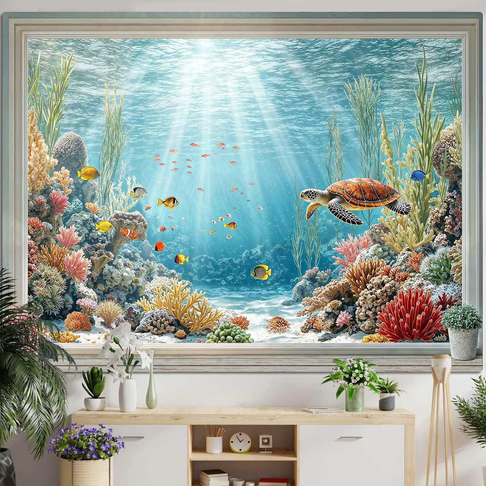 Lifeella Under the Sea Window Tapestry, Coastal Turtle Ocean Mural, Nautical Wall Backdrop for Bedroom Dorm Living Room Decor, 44x60 inches