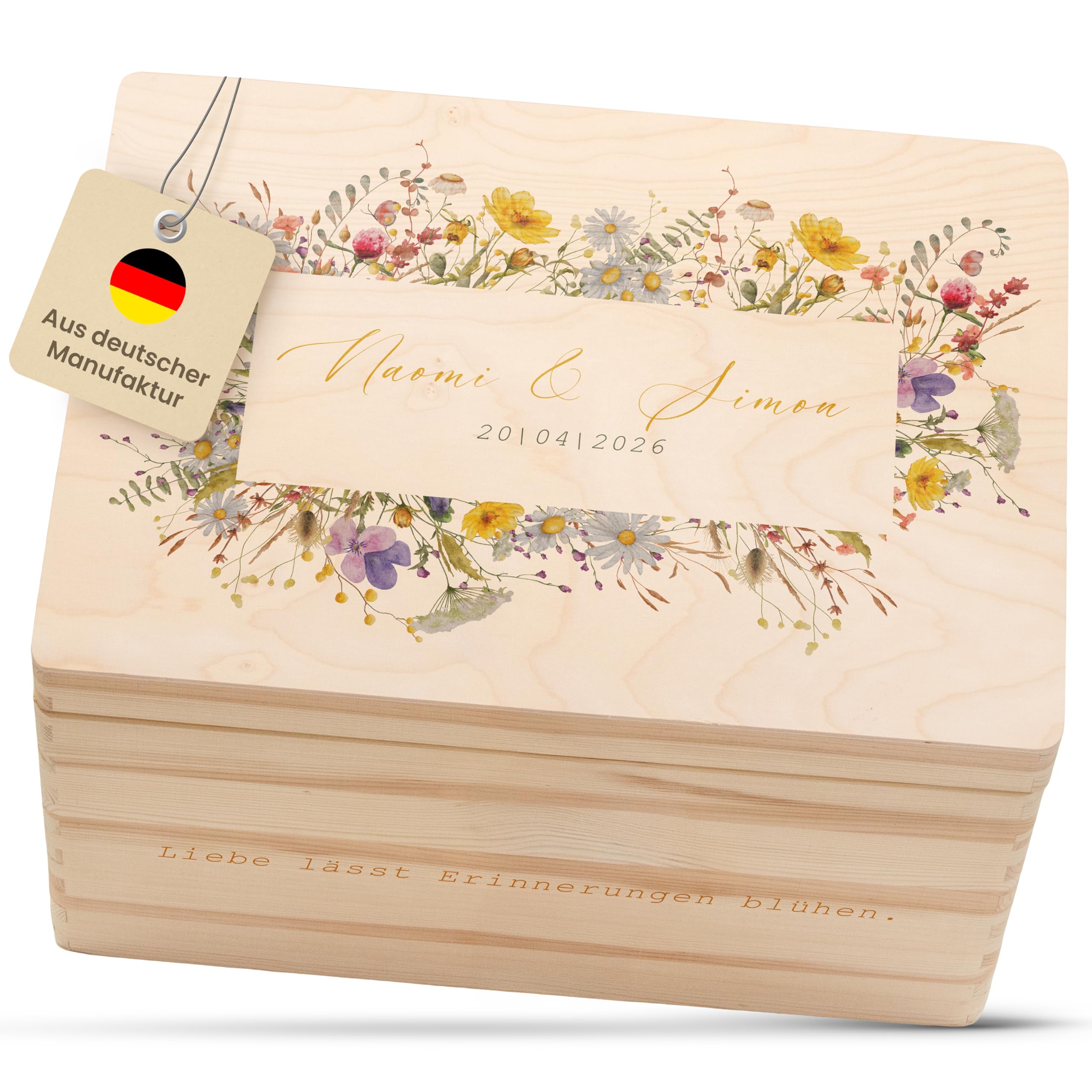 Amari ® Personalisierte Erinnerungsbox aus Holz | Blütenmeer | Individuelles Hochzeitsgeschenk Erinnerung Hochzeit Personalisiertes Holzkiste