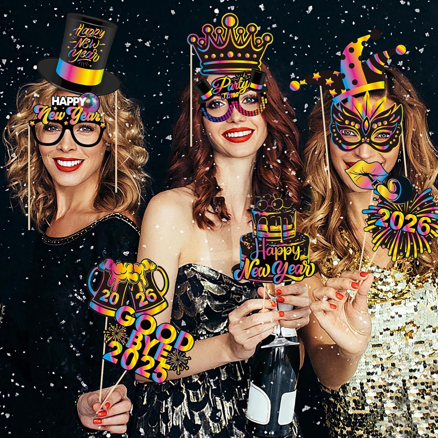 38Pcs New Years Photo Booth Props 2026, New Years Eve Photo Booth Props and Colorful Glasses for 2026 New Year Eve Party Supplies Favors - Image 3