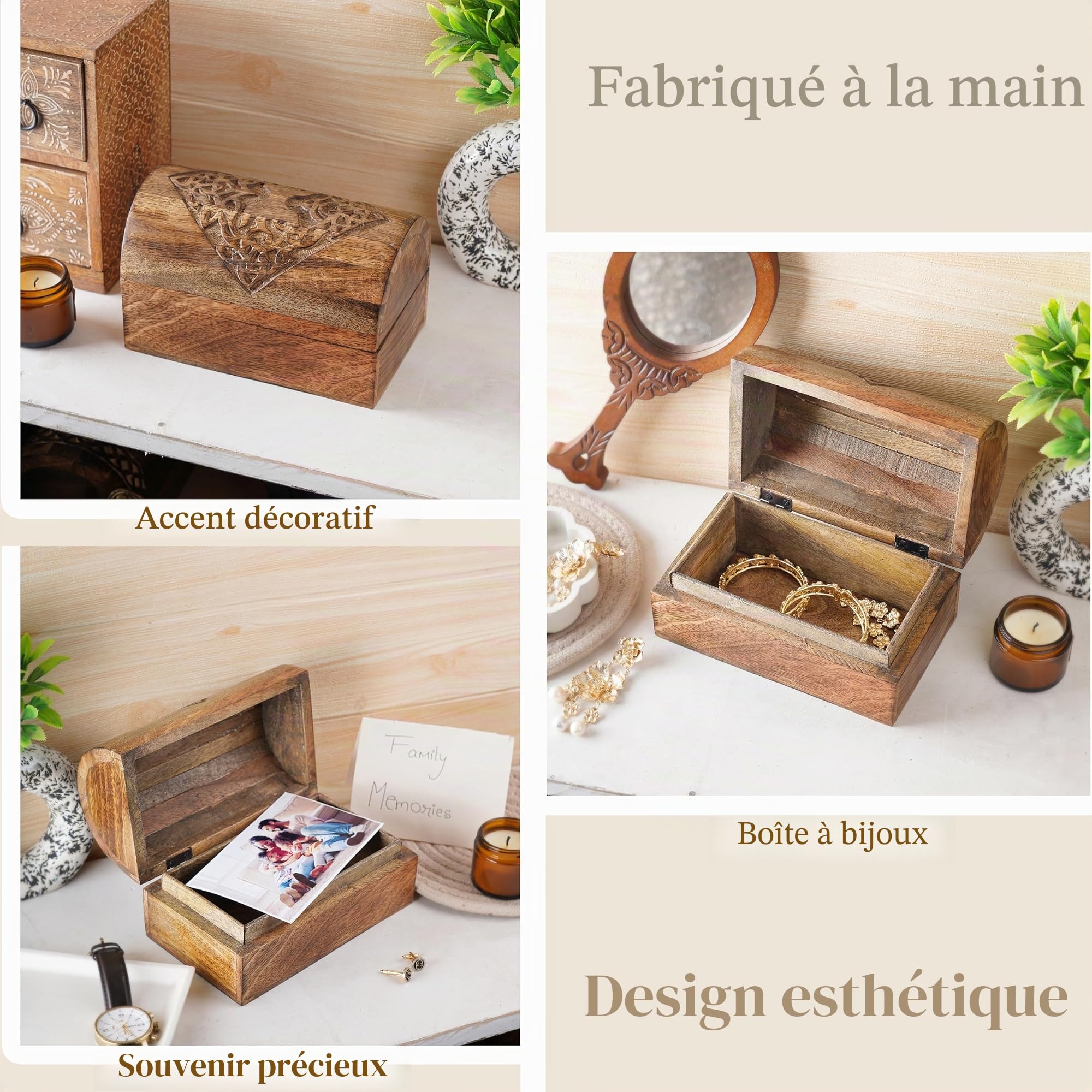 Ajuny Boîte à Bijoux en Bois de Manguier Sculpté – Coffret Décoratif Arbre de Vie Celtique, Fait Main, Organisateur Bijoux & Souvenirs, Grande Boîte 23 x 15 x 15 cm (9 x 6 x 6 po), Idée Cadeau