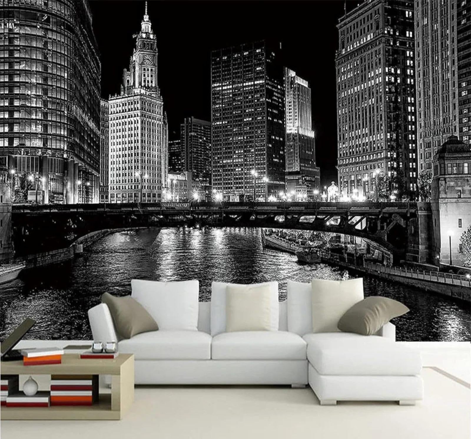 XLMING Creative Black and White City Architecture River Night Scene 3D Wallpaper Luxury Silk Study Dining Feature Sofa Grey Bedroom Living Room Tv Decorative Wall-250cm×170cm