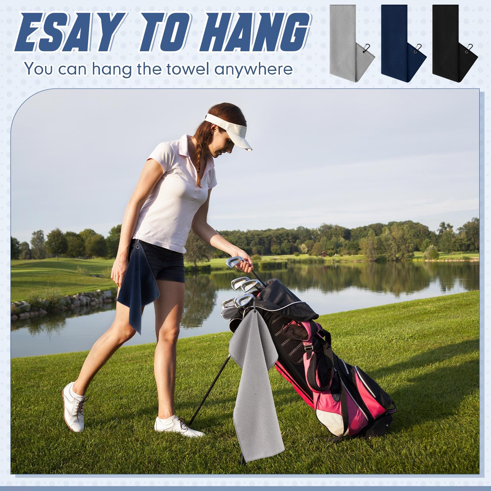 Hahafelt Juego de 6 toallas de golf grandes con clip, 24 x 16 pulgadas, 12 x 12 pulgadas, tela de microfibra portátil con patrón de limpieza de gofres, toalla de golf para bolsa, accesorios de club