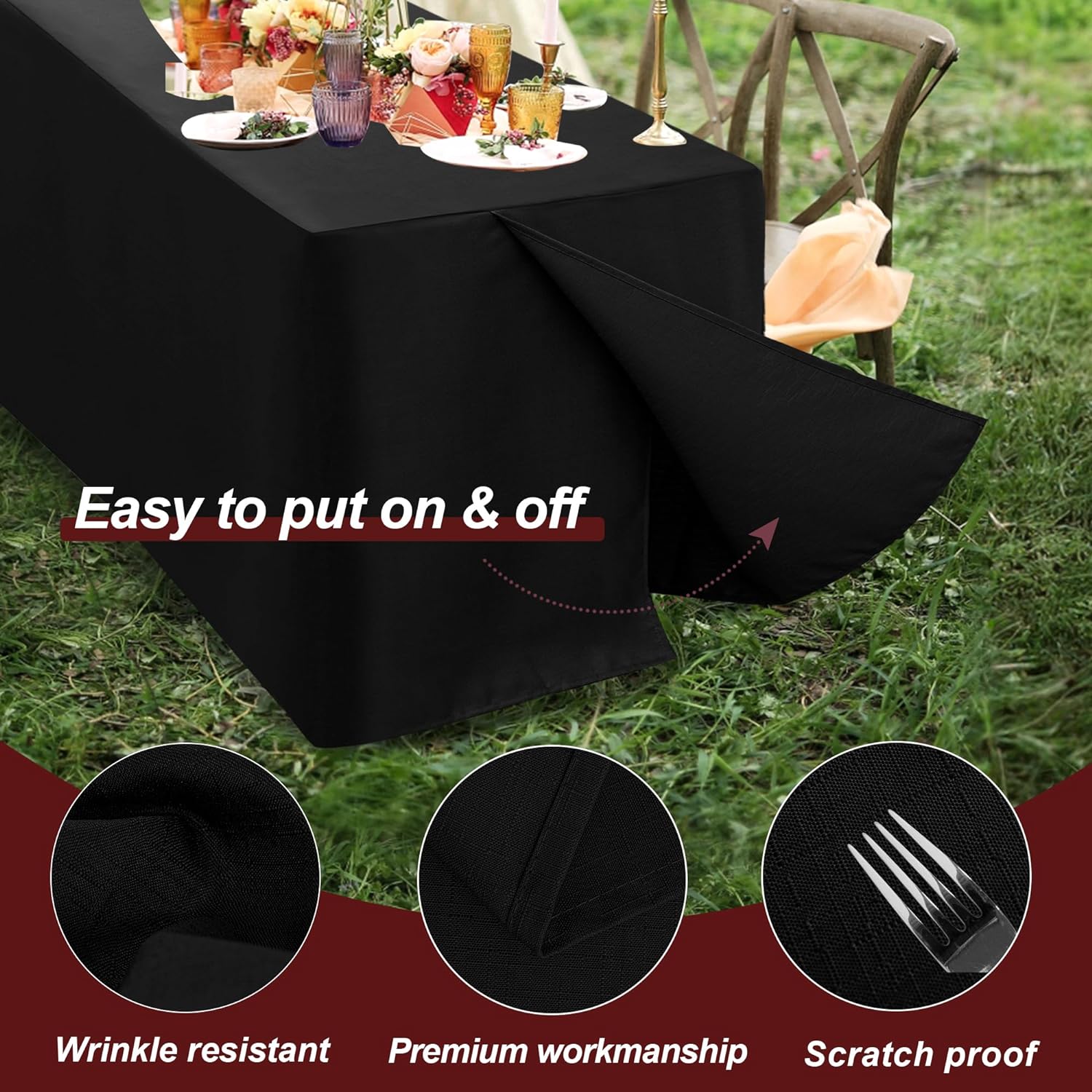HolidayIdeas 2 Pack Fitted Table Covers Rectangle - 72 x 30 Inch - Black Linen Textured Tablecloths for 6 Foot Tables, Fabric Tableclothes for Craft Show, Trade Show, Parties, Banquet