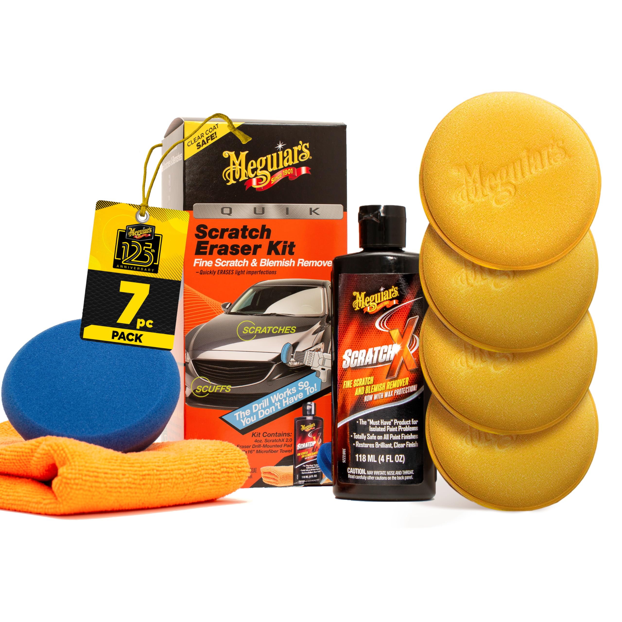 Meguiar’s Quik Scratch Eraser Kit, Car Scratch Remover for Fixing Surface Blemishes, Includes ScratchX, Drill-Mounted Pad, and Microfiber Towel, Great Car Gifts for Men and Women