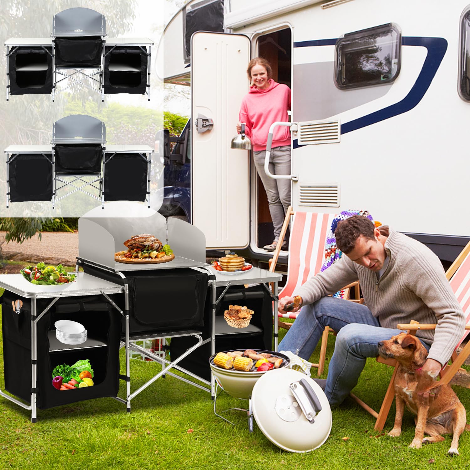 Daromigo XXL Campingküche faltbar, 3 Arbeitsflächen & 5 Fächer – Mobile Outdoor Kochstation mit Windschutz & Tasche, Großer Campingschrank stabil für Familien, Grillen & Wohnmobil