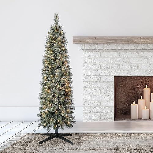 Miniatura 2 de Home Heritage Árbol de Navidad Stanley Slim preiluminado de 5 pies, pino artificial con 150 luces incandescentes blancas y 186 puntas de rama,