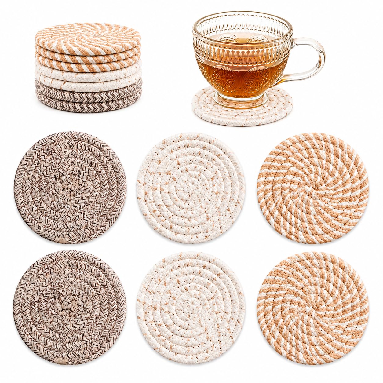 6-Pack 11 cm Woven Cotton Coasters, Absorbent Heat Protectors