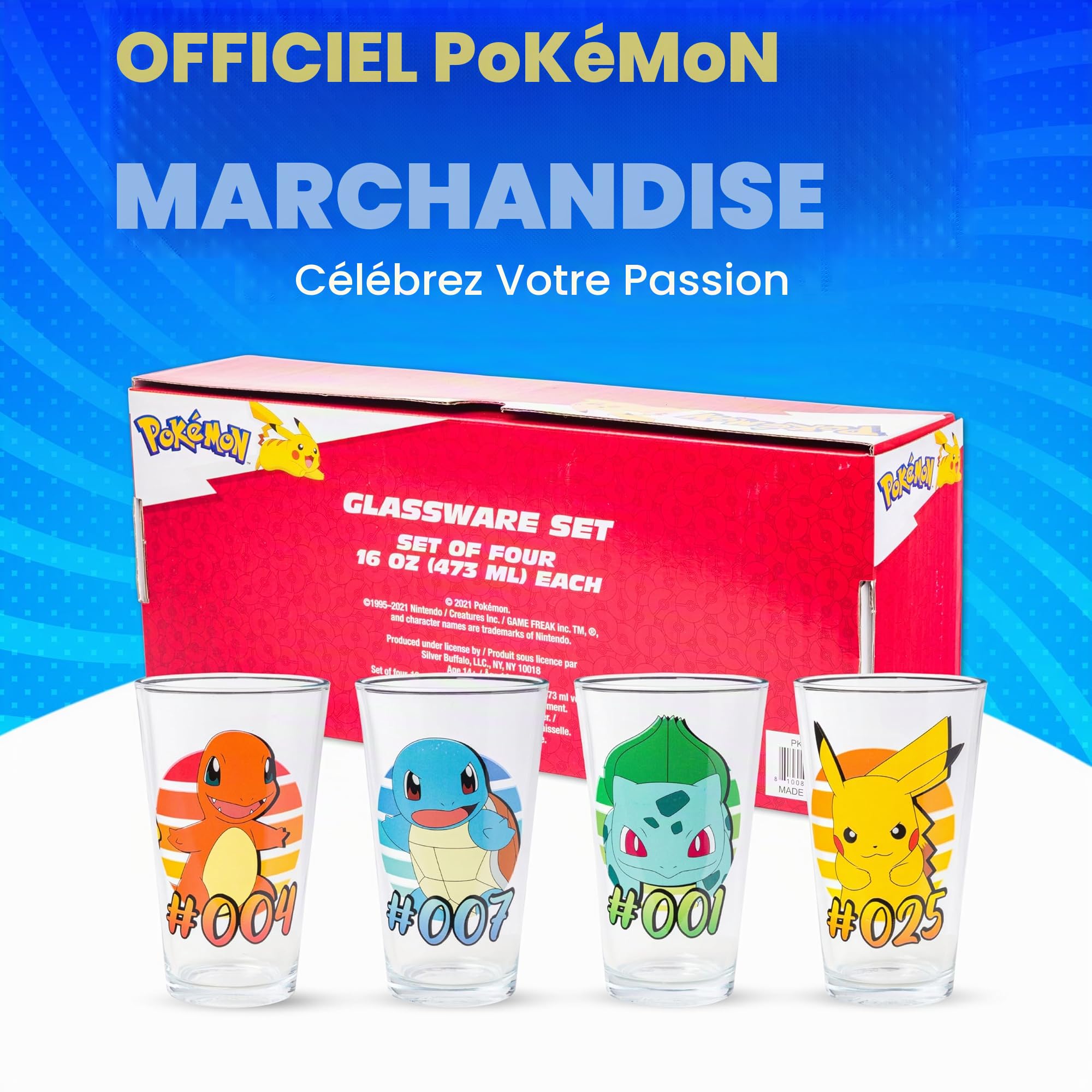 Silver Buffalo Pokémon Original Starters Lot de 4 verres à bière Charmander, Squirtle, Bulbasaure et Pikachu 473 ml