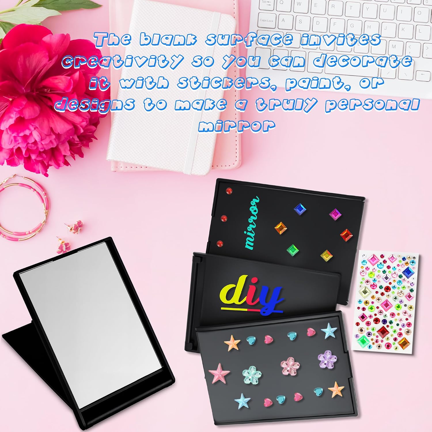 100 Pack Mini Folding Mirror Bulk Plastic Portable Makeup Mirrors Black Square Stand Up Compact Mirrors for Women Travel Purse Wallet Party Favors