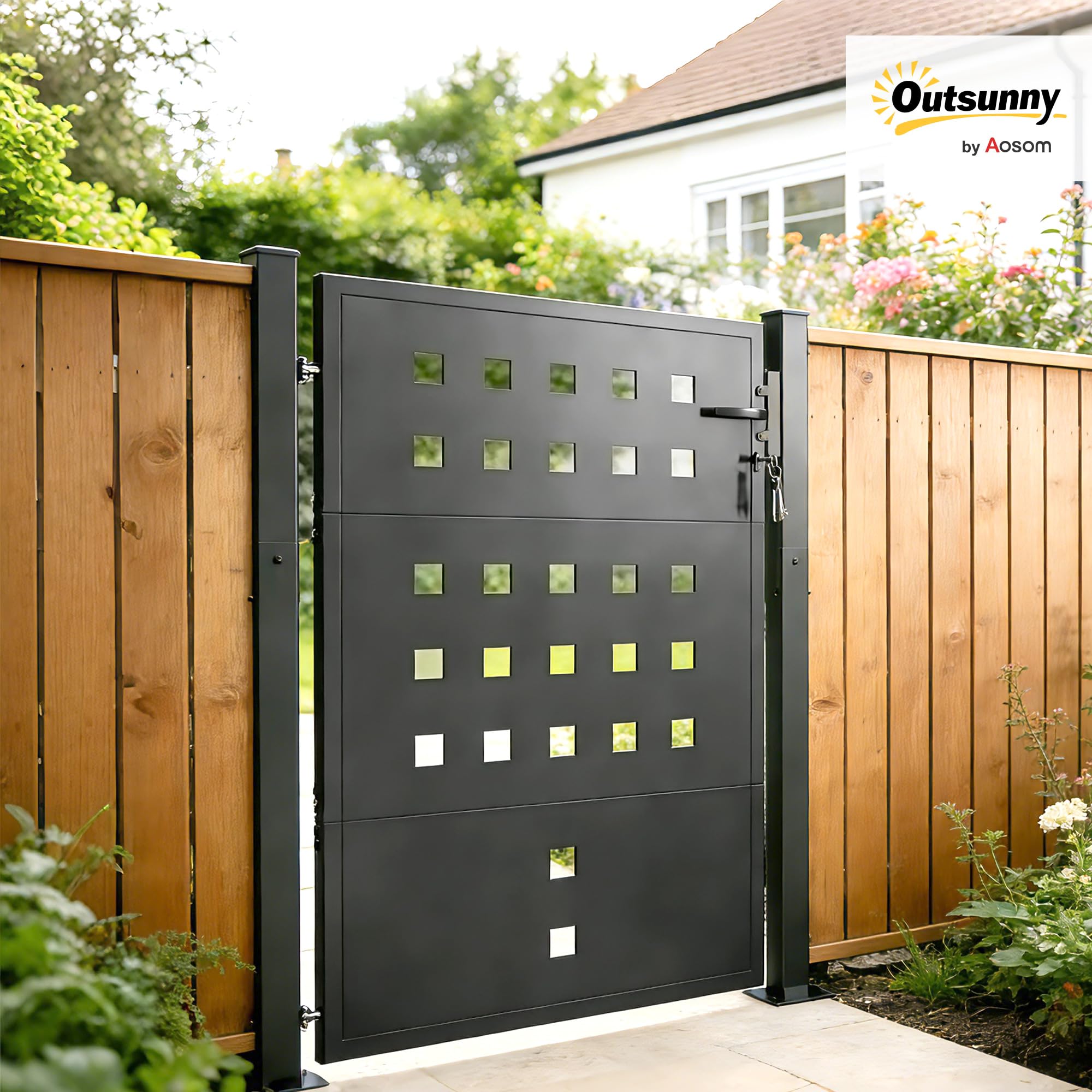 Outsunny Cancello da giardino in acciaio zincato, porta da giardino con maniglia, serratura a 3 chiavi con serratura, 105 x 130 cm, cancello da giardino per recinzione, grigio scuro