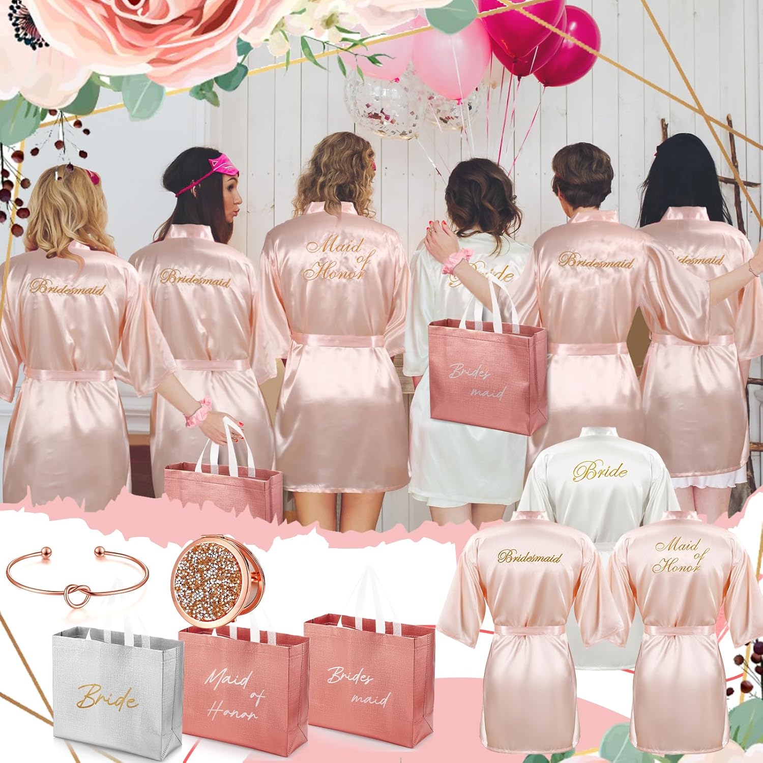Toulite 48 Pcs Bridesmaid Robe Sets Silk Satin Bride Party Robes with Bachelorette Gift Handbags Knot Bracelets Hair Ties Rhinestone Mirrors and Socks for Bridesmaid Wedding Bachelorette Party