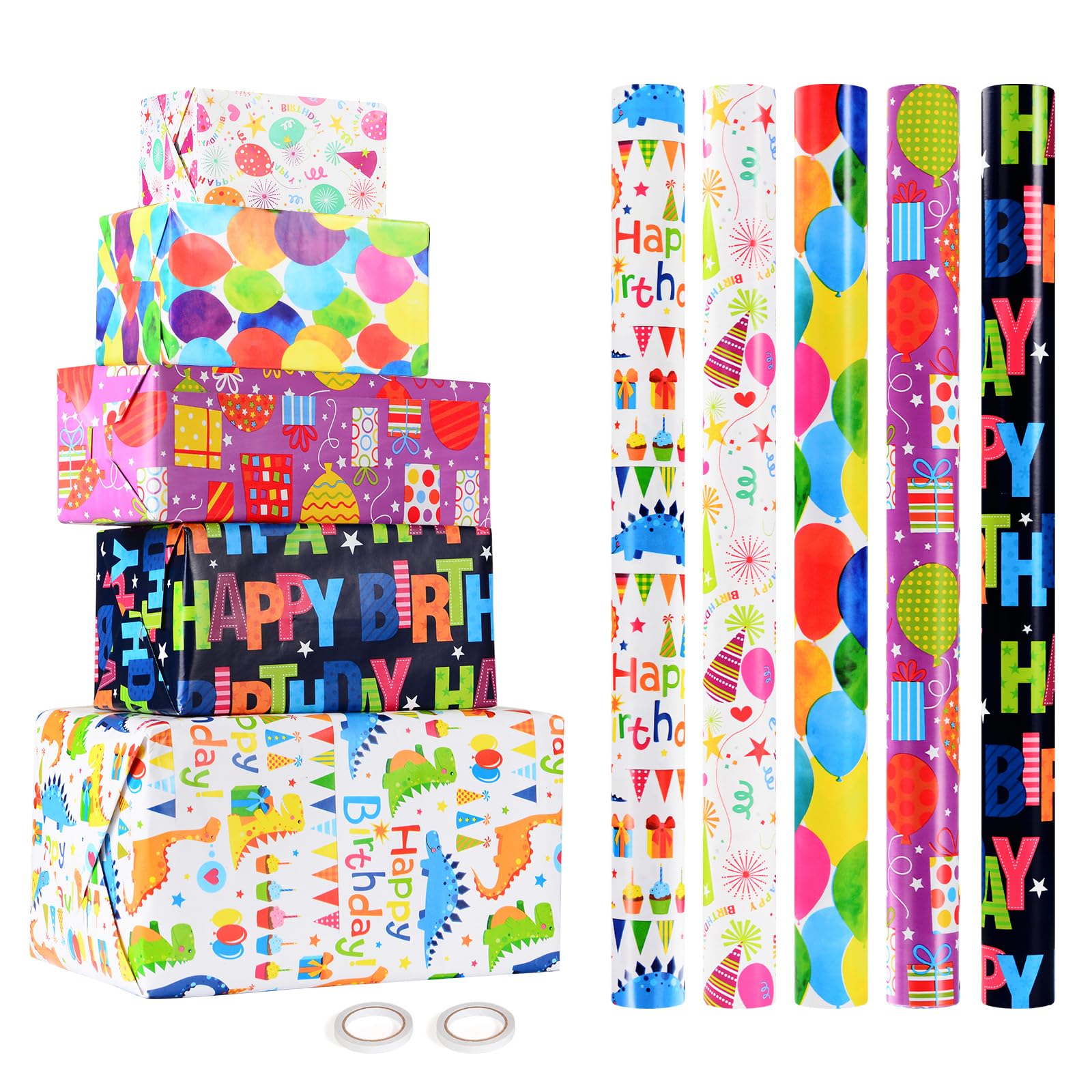 CHEPULA Geschenkpapier Geburtstag Kinder 5 Rolle, 43 x 300 cm Geschenkpapierrollen Jungen, Recycelbar Geschenk Papier Erwachsene, Birthday Gift Wrapping Paper für alle Geburtstagsanlässe