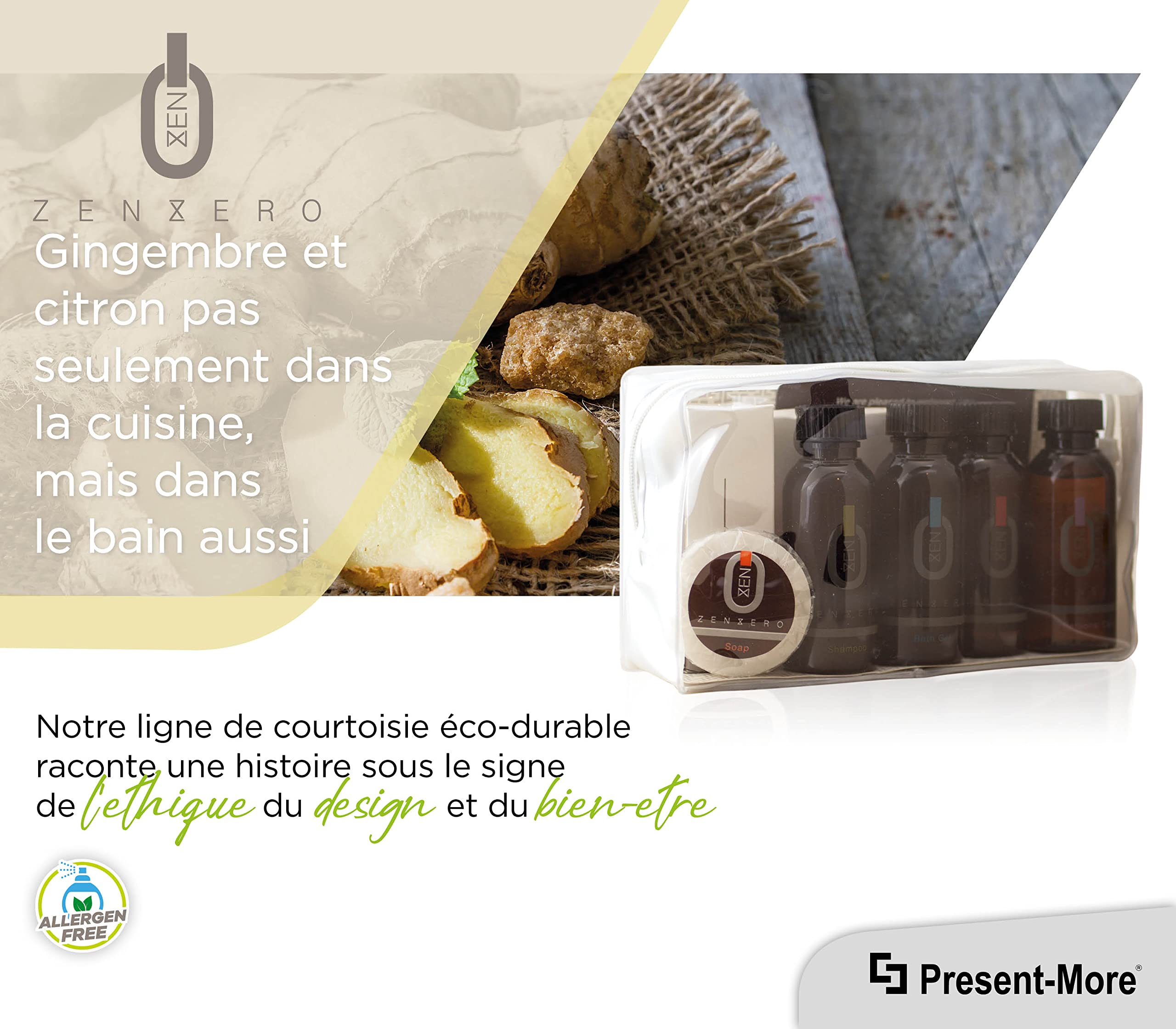 PRESENT-MORE - Kit Accueil 24 Invités Zenzero - Parfum Gingembre et Citron - Contenu: Shampooing, Gel Douche, Crème, Gel Intime, Savon et Accessoires - Pour Hôtels et B&B