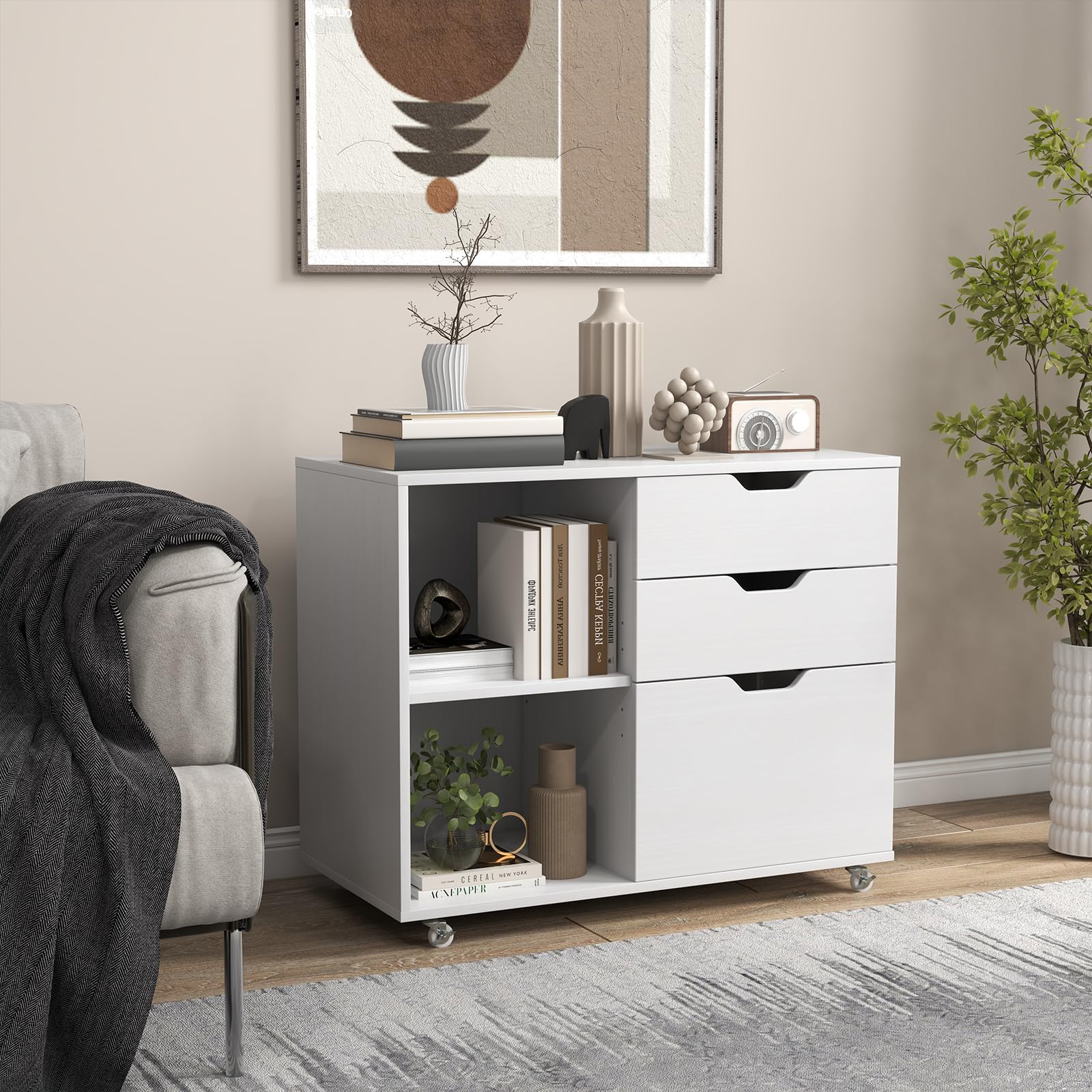 KOMFOTTEU Armoire de Classement à roulettes, Caisson de Rangement, 3 Tiroirs & Casier à 2 Niveaux, Meuble de Rangement de Bureau, Étagère réglable, 81 x 40 x 66,5 cm (Blanc)