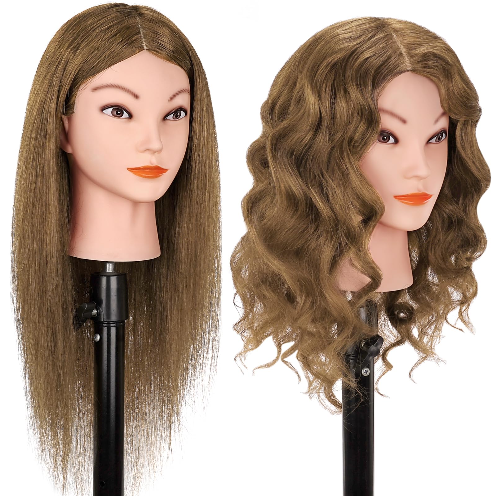 Cabeza de maniquí con cabello humano 100% real, 18 pulgadas, cabello castaño dorado, cabeza cosmetológica, cabeza manicana de muñeca para practicar estilos de cabello, cabeza de 8