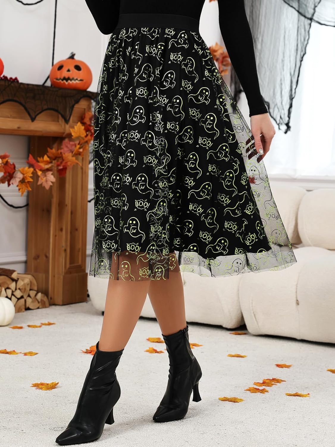 Halloween Skirt for Women Pumpkin Tulle Mesh Midi Dress Party Ghost Cute Witch Funny Print Clothes