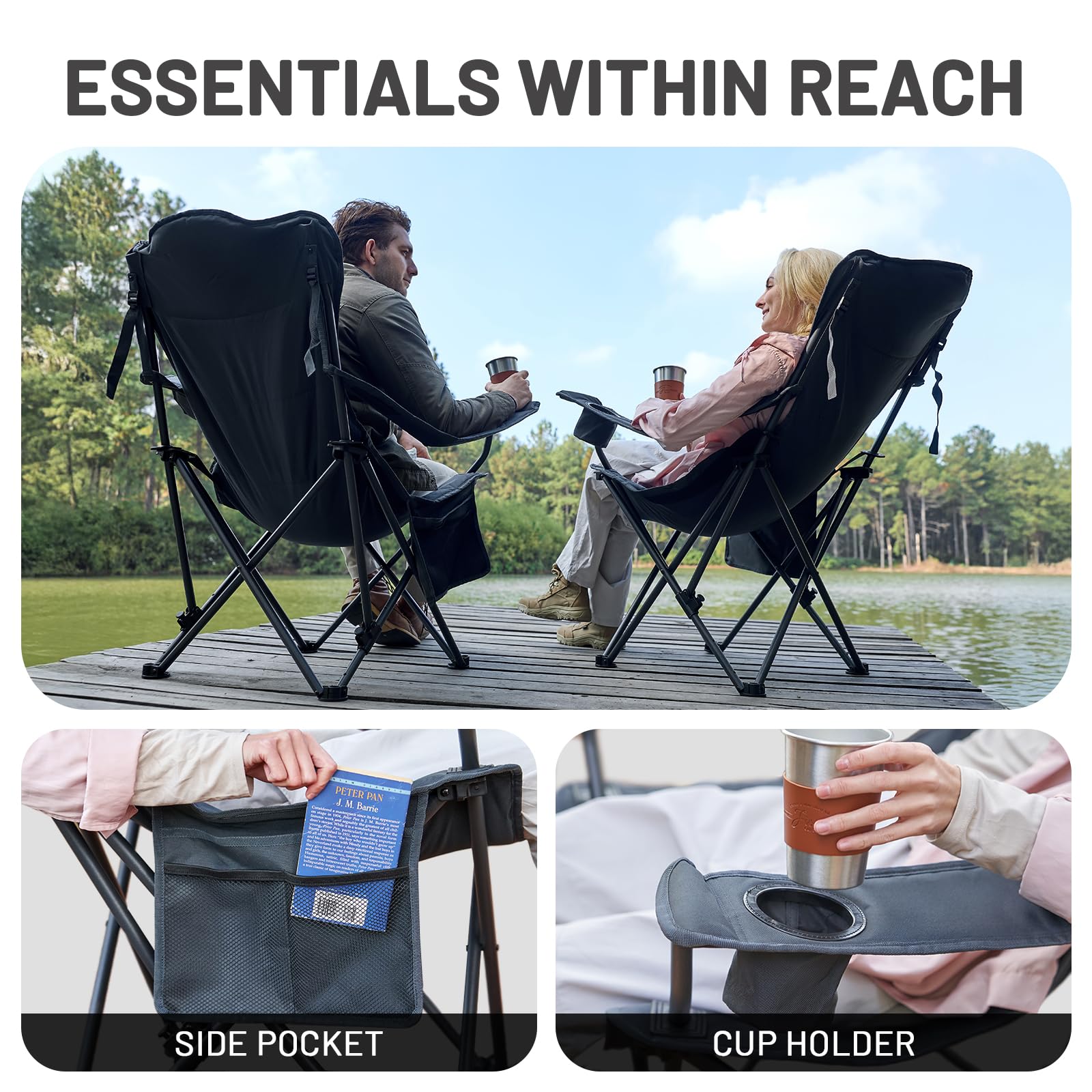TIMBER RIDGE Silla de camping plegable de 2 unidades, 180 kg, ajustable en 3 posiciones, acolchada, ancho del asiento 62 cm, con respaldo alto, con soporte para bebidas, sillón, camping, jardín