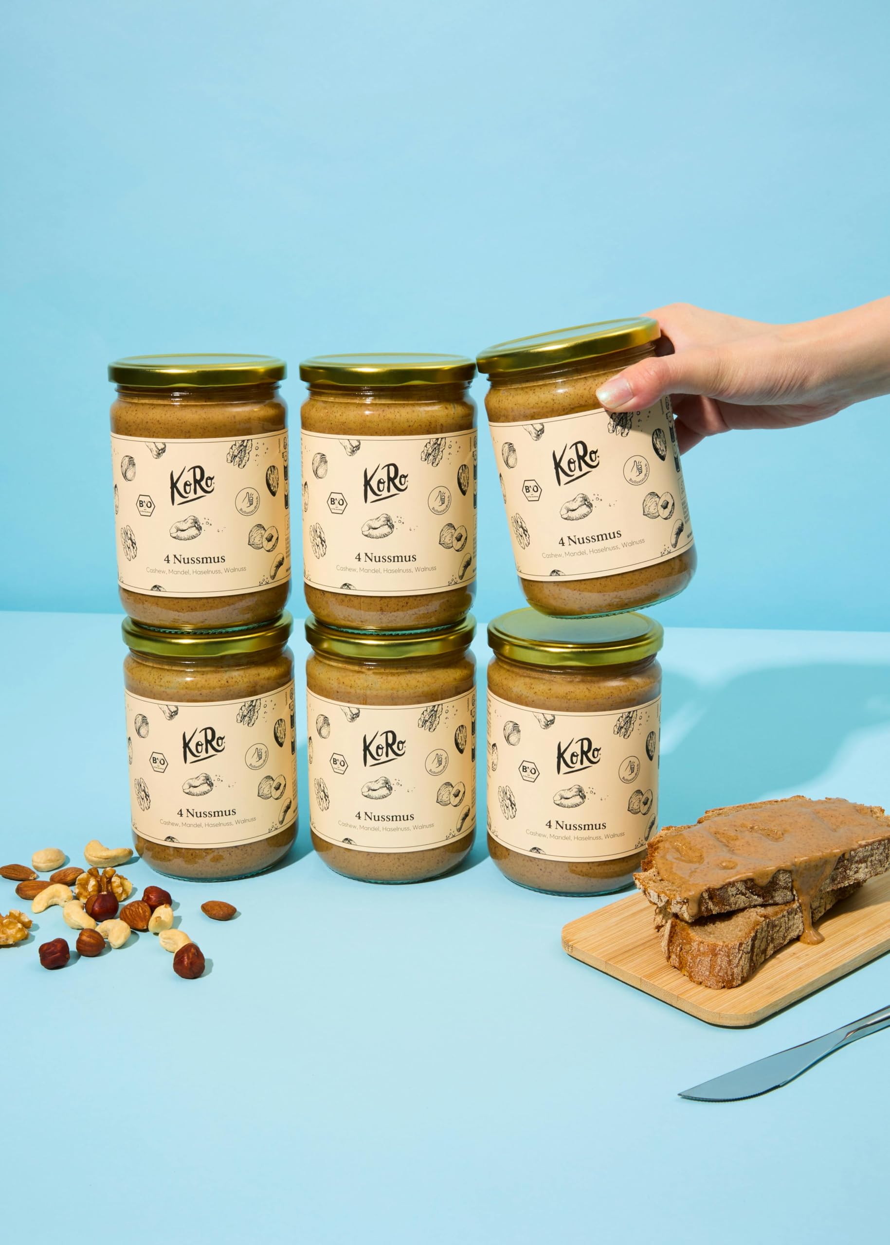 KoRo - Bio 4 Nussmus aus Cashew, Mandel, Haselnuss und Walnuss 6 x 500 g - Vegan - Ballaststoffreich - 100% Nuss - Ohne Zusätze