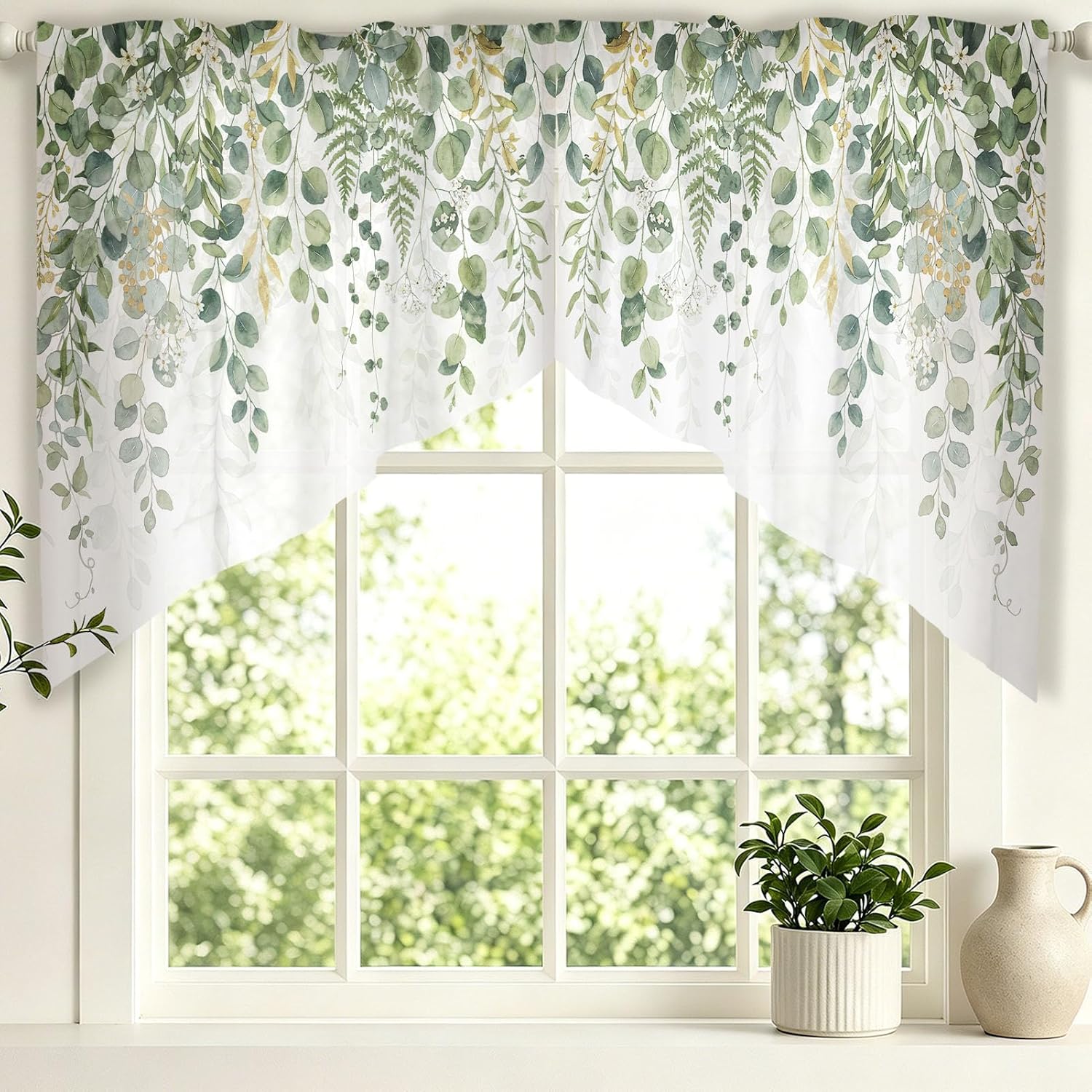 Eucalyptus Swag Curtains Watercolour Leaves Short Valances for Window Rod Pocket Semi Sheer Window Topper Home Decor for Living Room Kitchen Bathroom Bedroom Windows 36x36in 1 Pair