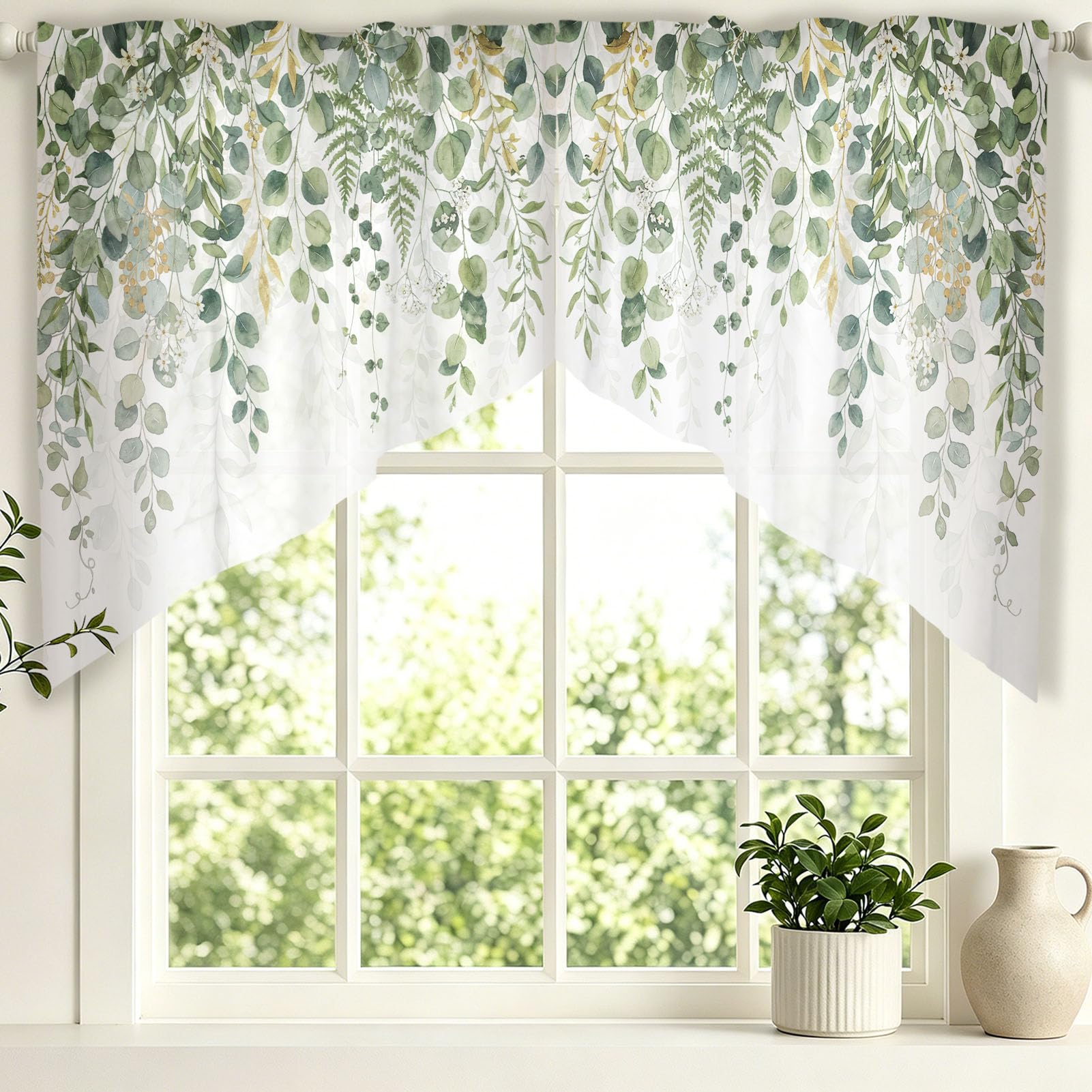 TNKBREEZE Eucalyptus Swag Curtains Watercolour Leaves Short Valances for Window Rod Pocket Semi Sheer Window Topper Home Decor for Living Room Kitchen Bathroom Bedroom Windows 36x36in 1 Pair