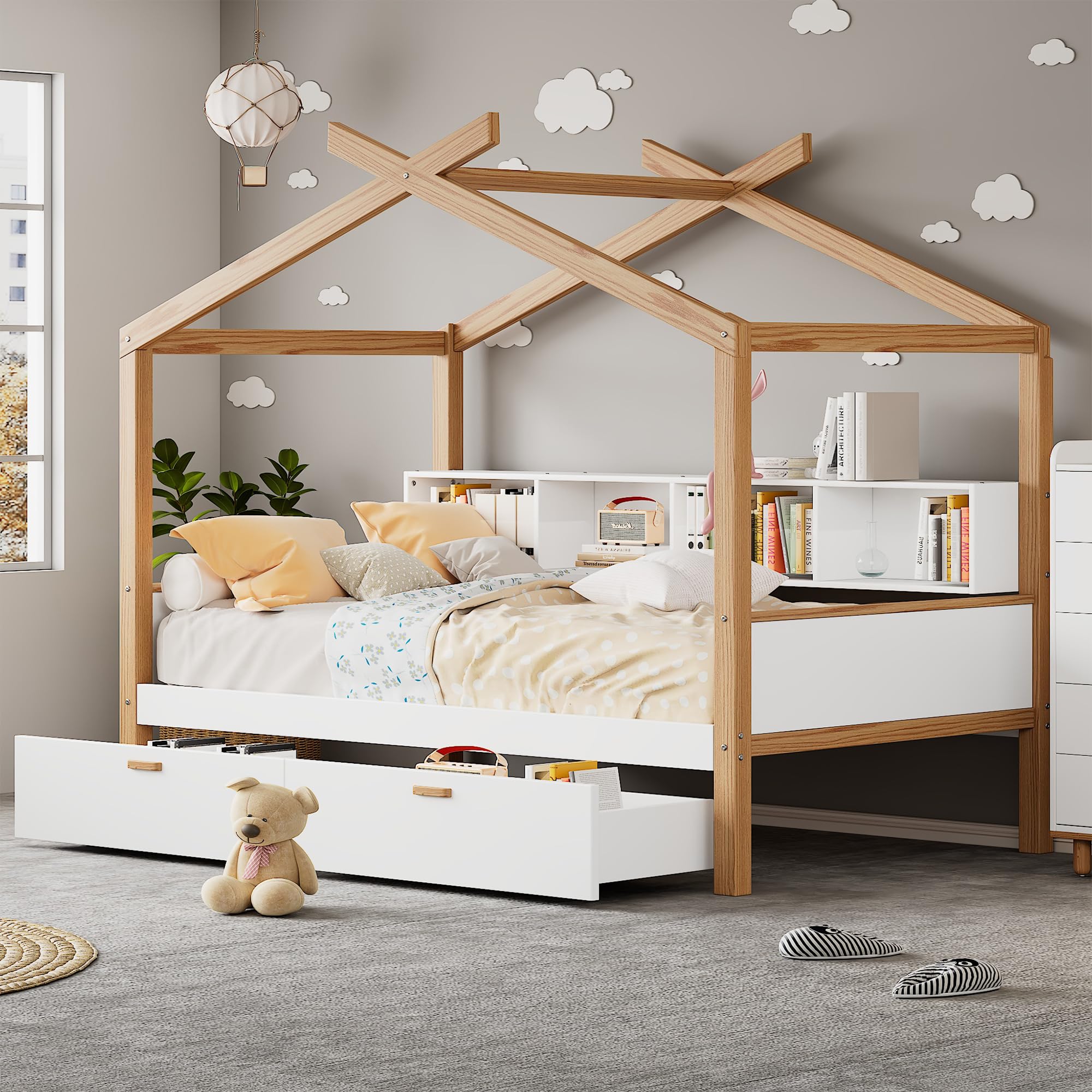 SOFTSEA Full Size Wooden House Bed Original Wood Colored Frame with 2 Drawers and Bookshelf Storage Space for Kids Bedroom, Guest Room, No Box Spring Needed, Easy Assembly, White