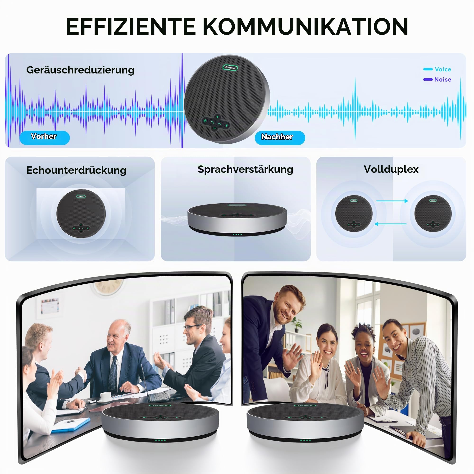 Tenveo M5B-W MagiCallpro Konferenzlautsprecher mit 8 AI-Mikrofonen, 360°-Raumerfassung, 18h Akku. Kompatibel mit Zoom, Teams UVM. Ideal für 12-15 Personen.