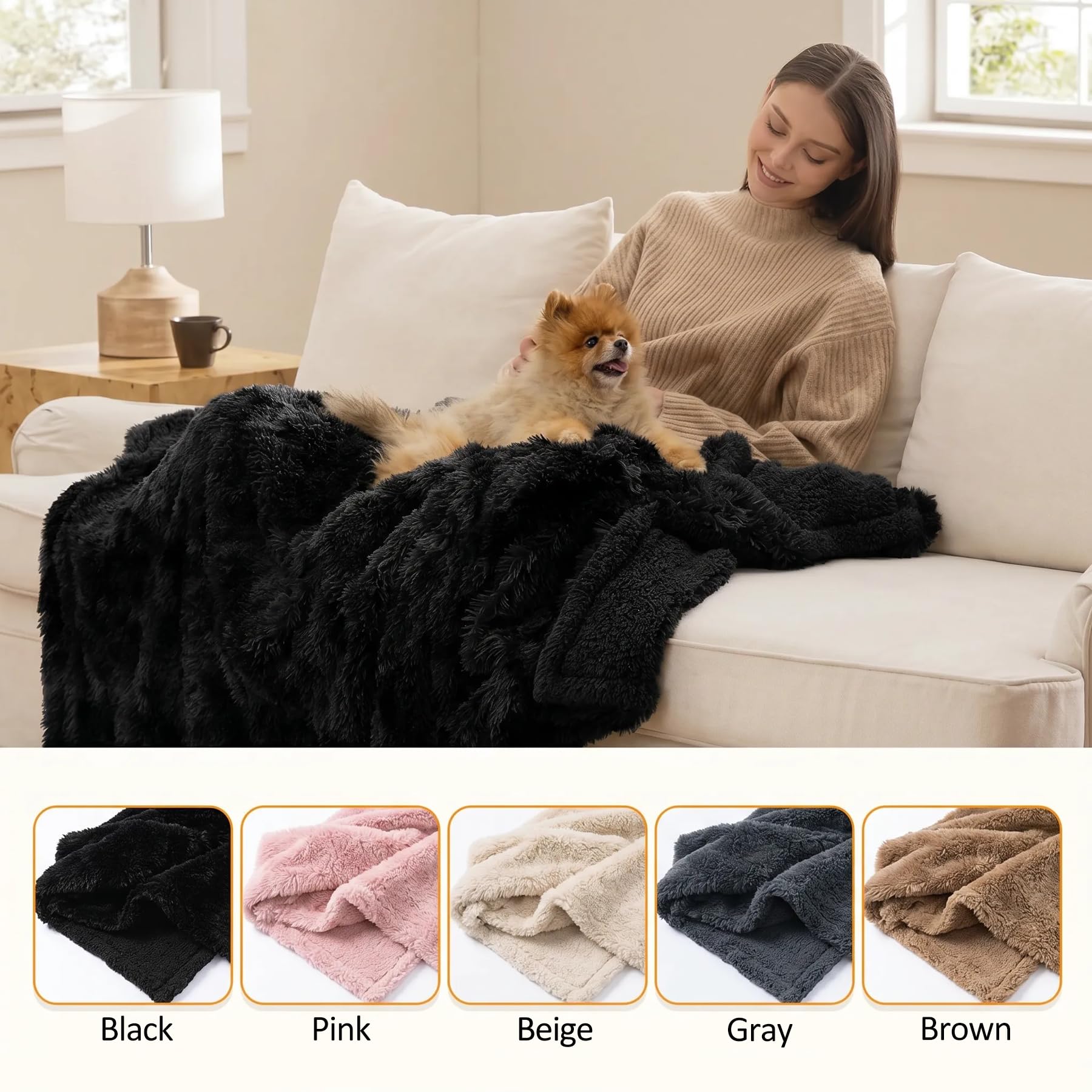 Manta impermeable y esponjosa negra para perros grandes, manta larga de piel sintética para mascotas para fundas de cama tamaño King (negro, XL-85 x 57 pulgadas)