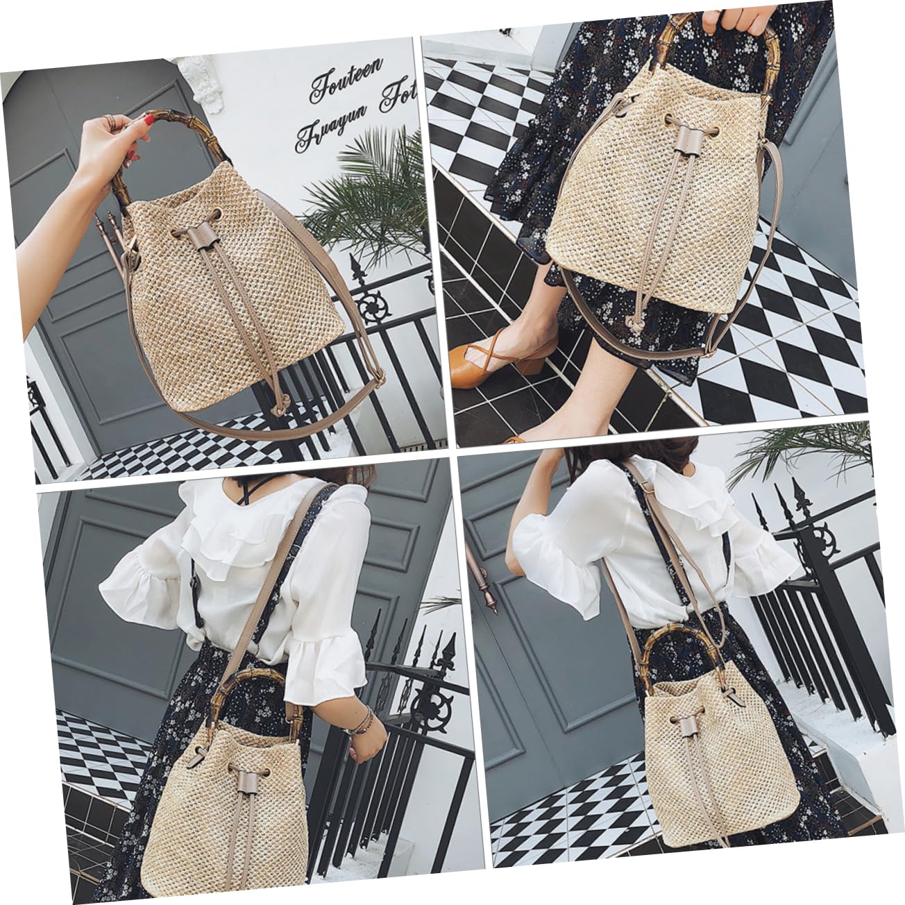 Garneck 1pezzi Borsa Tracolla in Paglia Borsa Secchiello Coulisse Tracolla Forma Di Secchiello Intrecciata Capiente e Pratica Per Viaggi e Uso Quotidiano