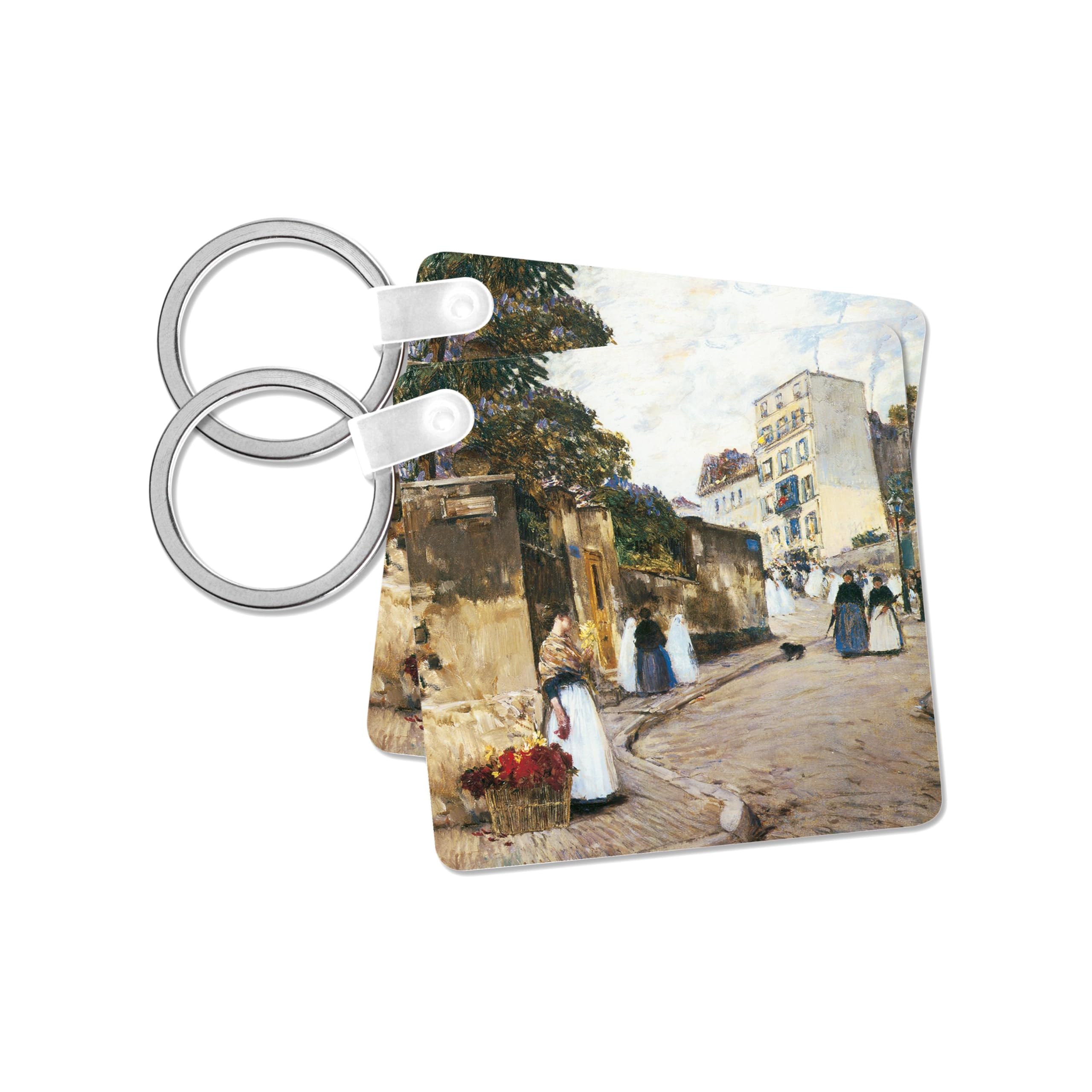 3dRose, Rue Montmartre by Childe Hassam, set of 4 Key Chains