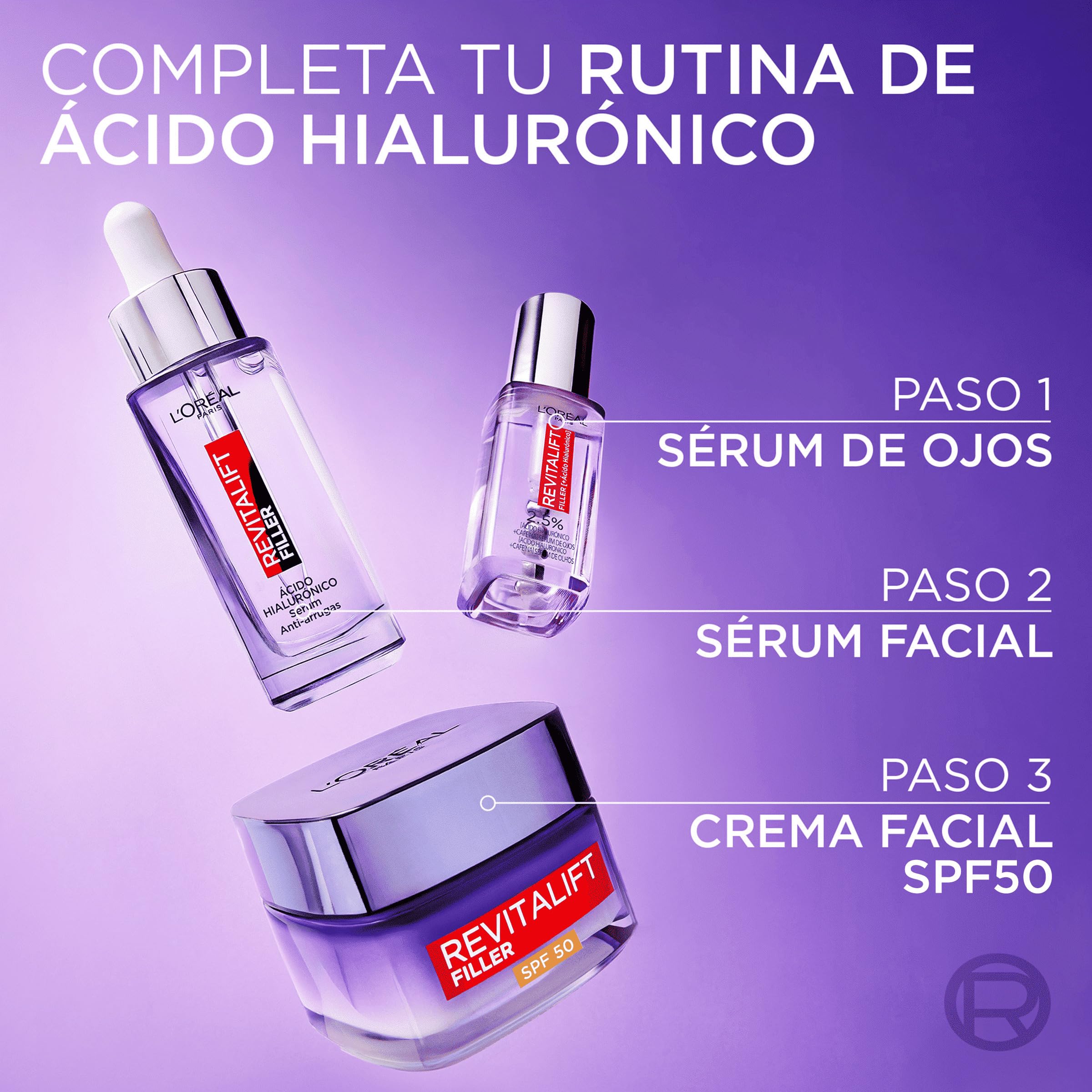 Rutina L'Oréal Paris Revitalift Filler Sérum Antiedad y Antiarrugas con Ácido Hialurónico 30ml + Sérum de Ojos con cafeína Antiojeras, 20ml + Crema de Día Rellenadora con Protección Solar SPF 50, 50ml