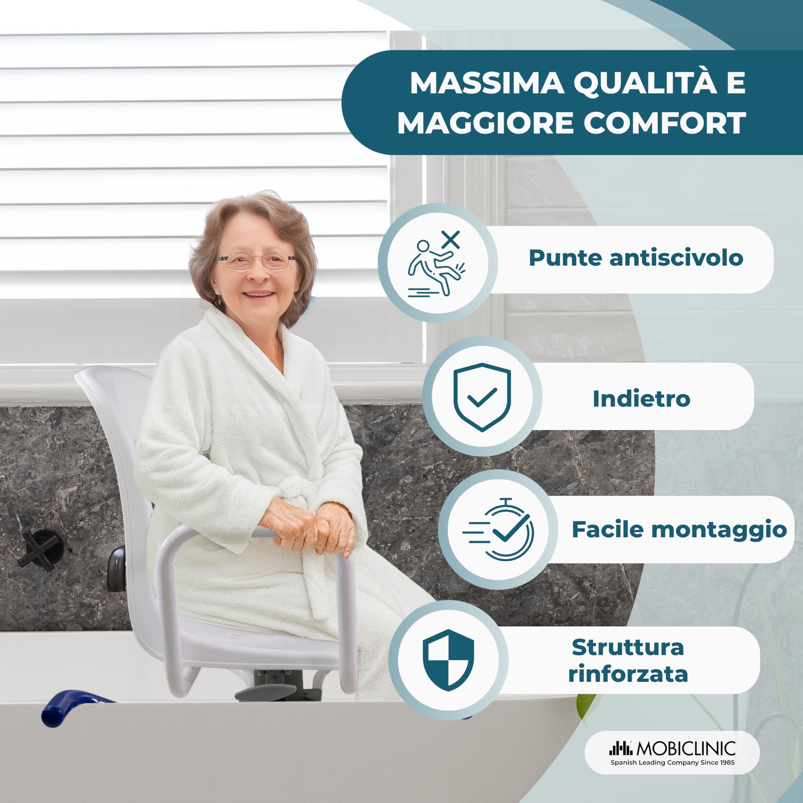 Mobiclinic, Sedia girevole 360º per Vasca da Bagno Anziani, Braccioli, Schienale, Sedile, Rotazione di 360º, Anatomica, Marca europea, Resistente all'acqua, Disabili, Lago