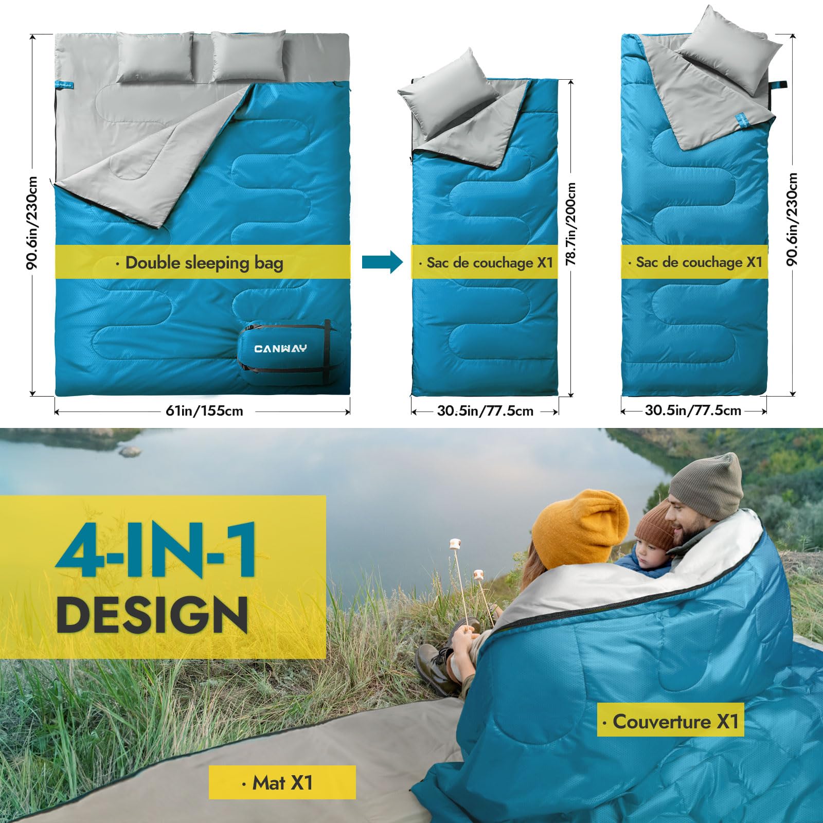 CANWAY Sac de Couchage Double XXL Sac de Couchage Couverture Sacs de Couchage 2 Personnes Sac de Couchage Extérieur Petit Sac de Couchage Coton