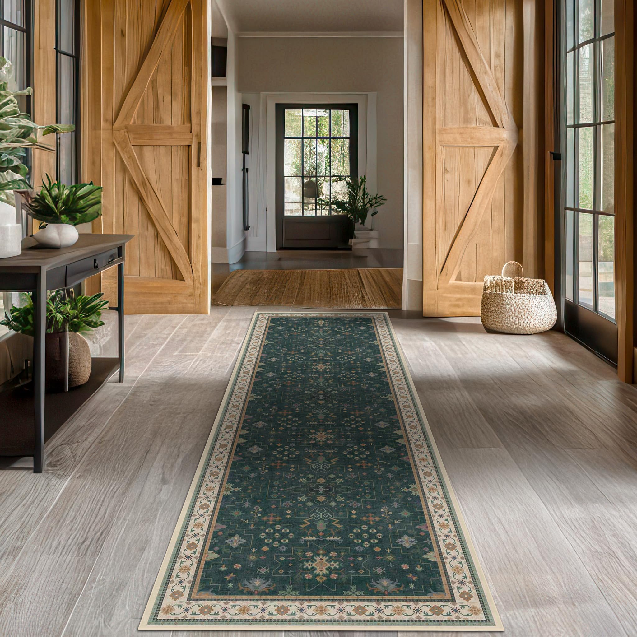 Dark Green Washable 2'6"x10' Long Runner Rugs for Hallway, Non Skid 10ft Indoor Rugs for Entryway, Stain Resistant Low Pile Carpet Boho Indoor Décor