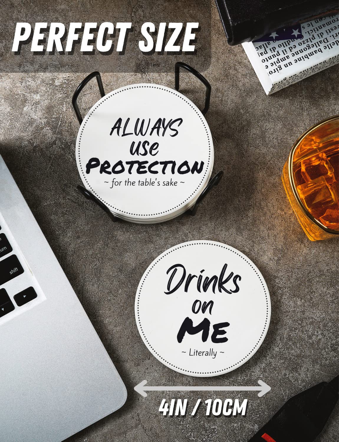 Halloween Themed Ceramic Coasters - Absorbent With Cork Base, Set Of 6 With Metal Holder, Home Decor Gift