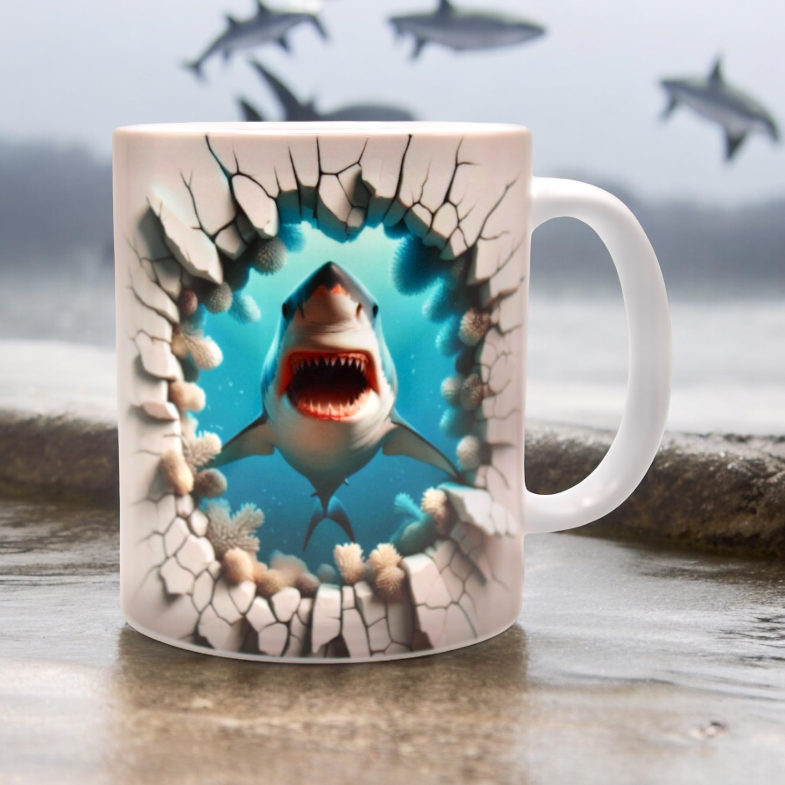 Great white shark in the ocean design ceramic mug, perfect for sea lovers let every sip be an inspiration full of colors - Image 2