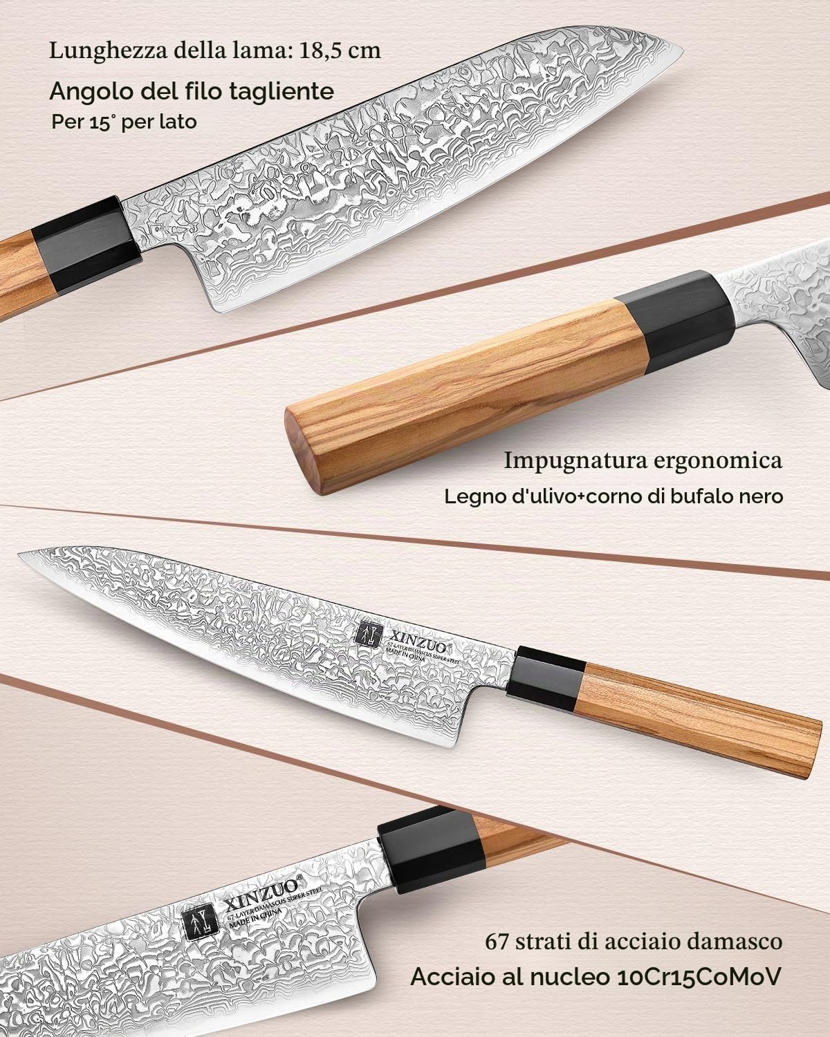 XINZUO 67 Strati in Acciaio Damasco Set Coltelli da 7 Pezzi, Portacoltelli Set di Coltello da Cuoco -Manico in Legno d'Ulivo-con Blocco Coltelli e Forbici da Cucina Multifunzione-con Scatola Regalo