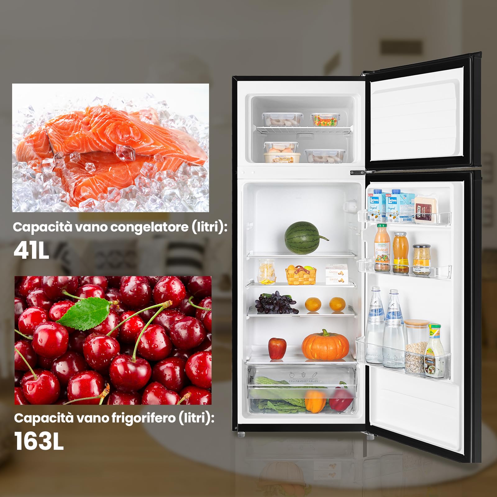 Midea MERT210FGE30 Frigo-congelatori doppia porta 204 L, Congelatore da Montare in Alto, 176kWh/annum, controllo della temperatura regolabile, Luce LED, Nero