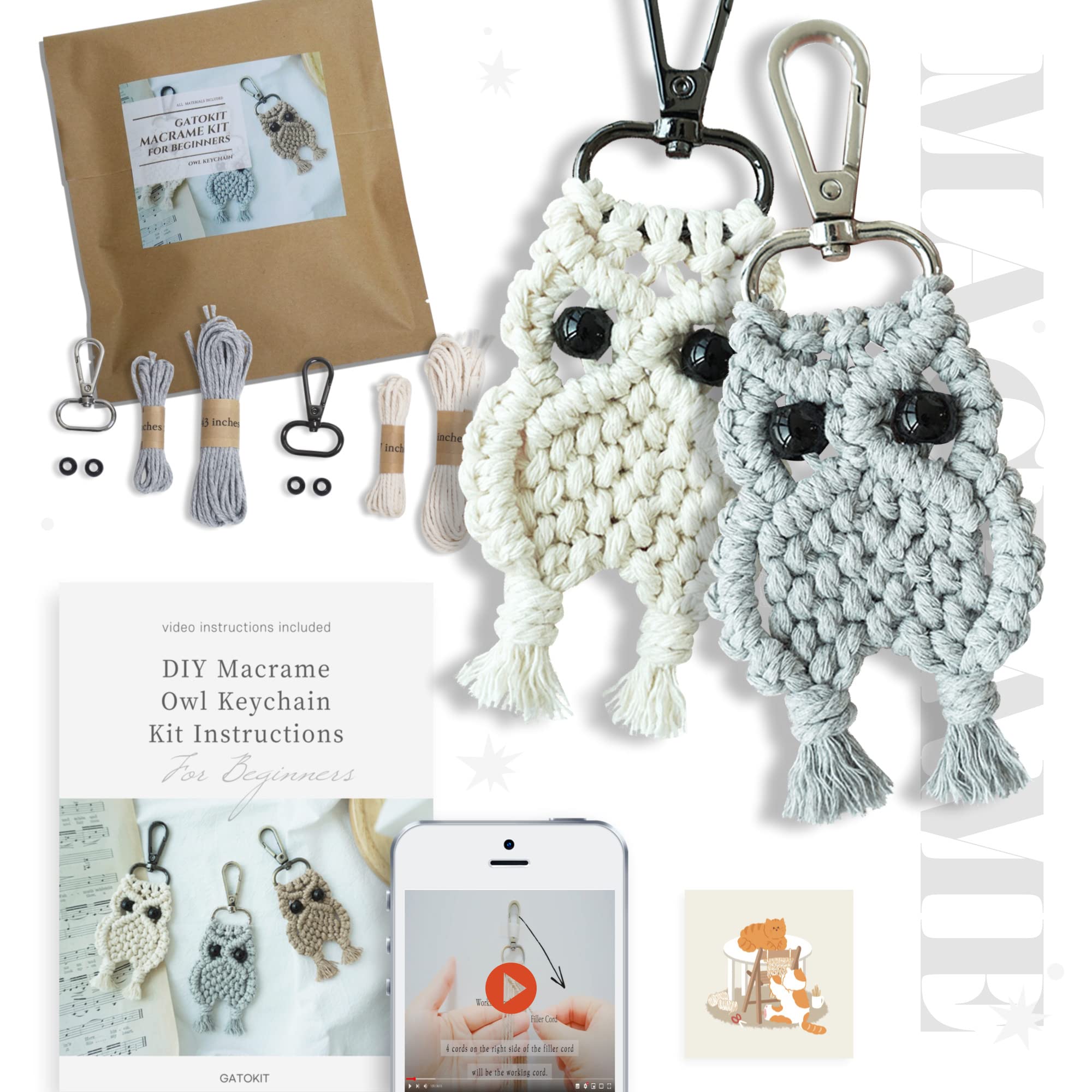 GATOKITPre-Cut Macrame Kit for Adults Beginners, DIY Macrame Owl Keychain Kits with Unique Craft Design (2 PCS Owl Keychain (White+Gray))