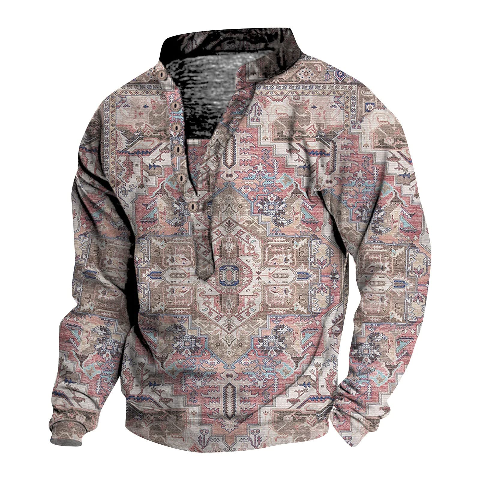 Men Western Aztec Printing Sweatshirt Fashion Button Down V-Neck Sweater Stand Collar 6 Button Vintage Pullover Top