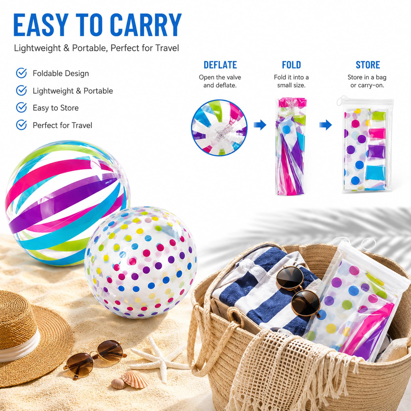 ZhouWei 4 sztuki, nadmuchiwany balon basenowy, średnica 28 cm, przenośny nadmuchiwany balon plażowy z kolorowymi paskami i kropkami, nadmuchiwana piłka plażowa dla dzieci, dorosłych, na plażę, wakacje