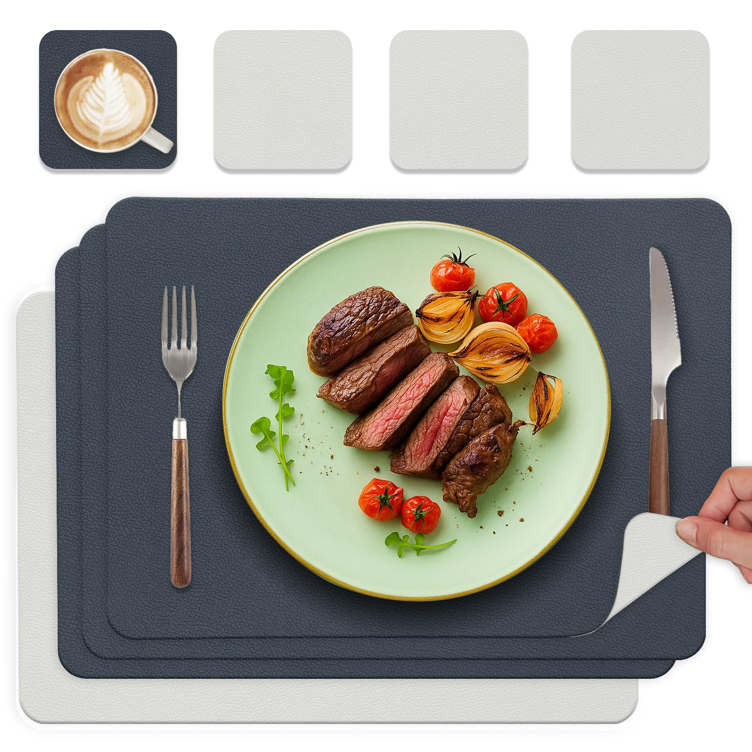 Tischsets Abwaschbar und Untersetzer, Platzset Leder Platzdeckchen Abwaschbar Doppelseitigen Tischsets Umkehrbares Tischset rutschfest Lederoptik